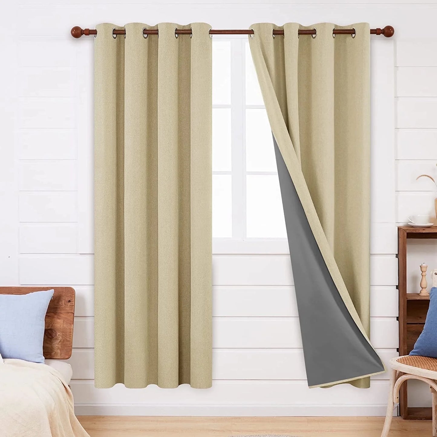 Total Blackout Curtains 2 Panels, Grommet Curtains Total Light Blocking Curtain, Soundproof Curtains for Bedroom (Khaki, 42W X 95L Inch)