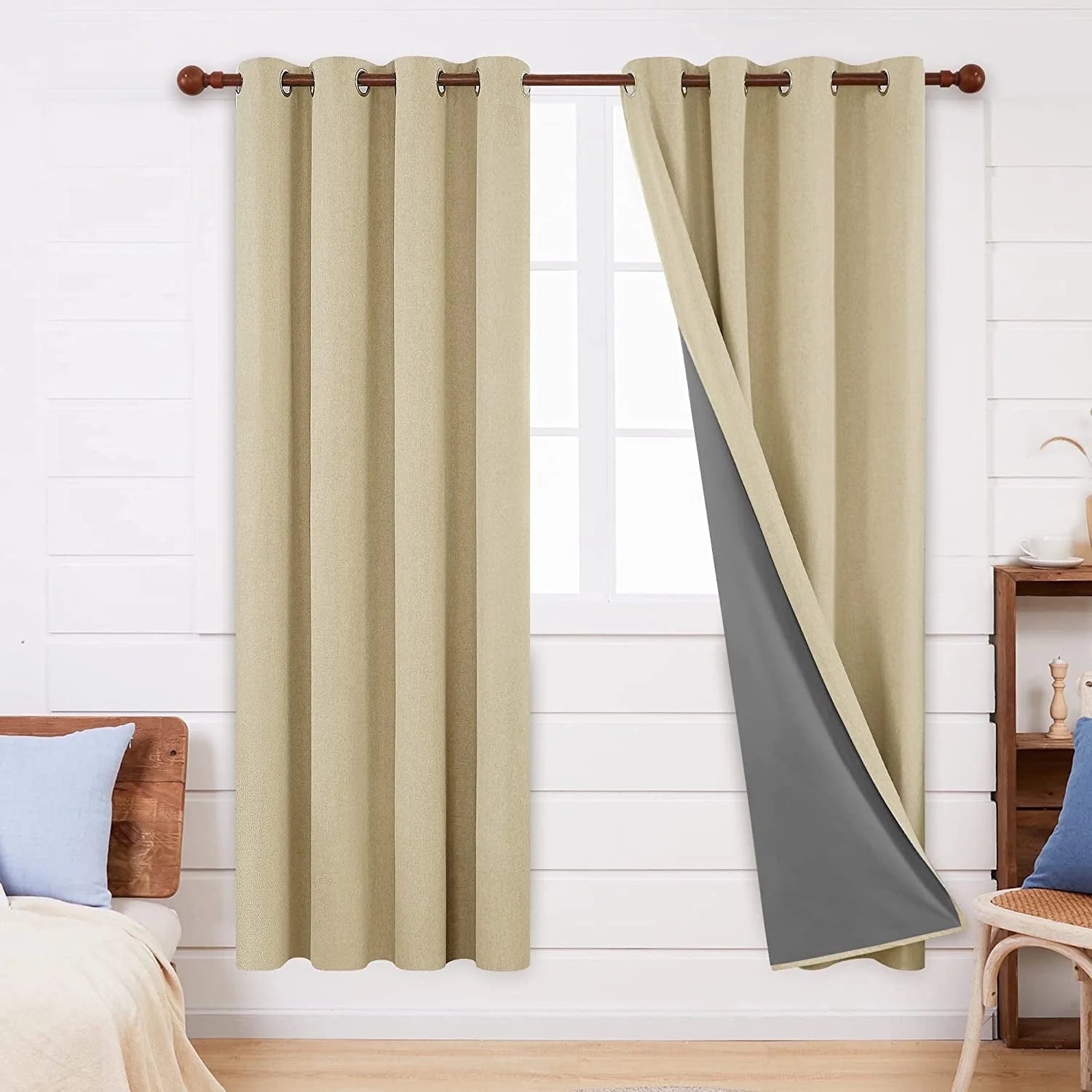 Total Blackout Curtains 2 Panels, Grommet Curtains Total Light Blocking Curtain, Soundproof Curtains for Bedroom (Khaki, 42W X 95L Inch)