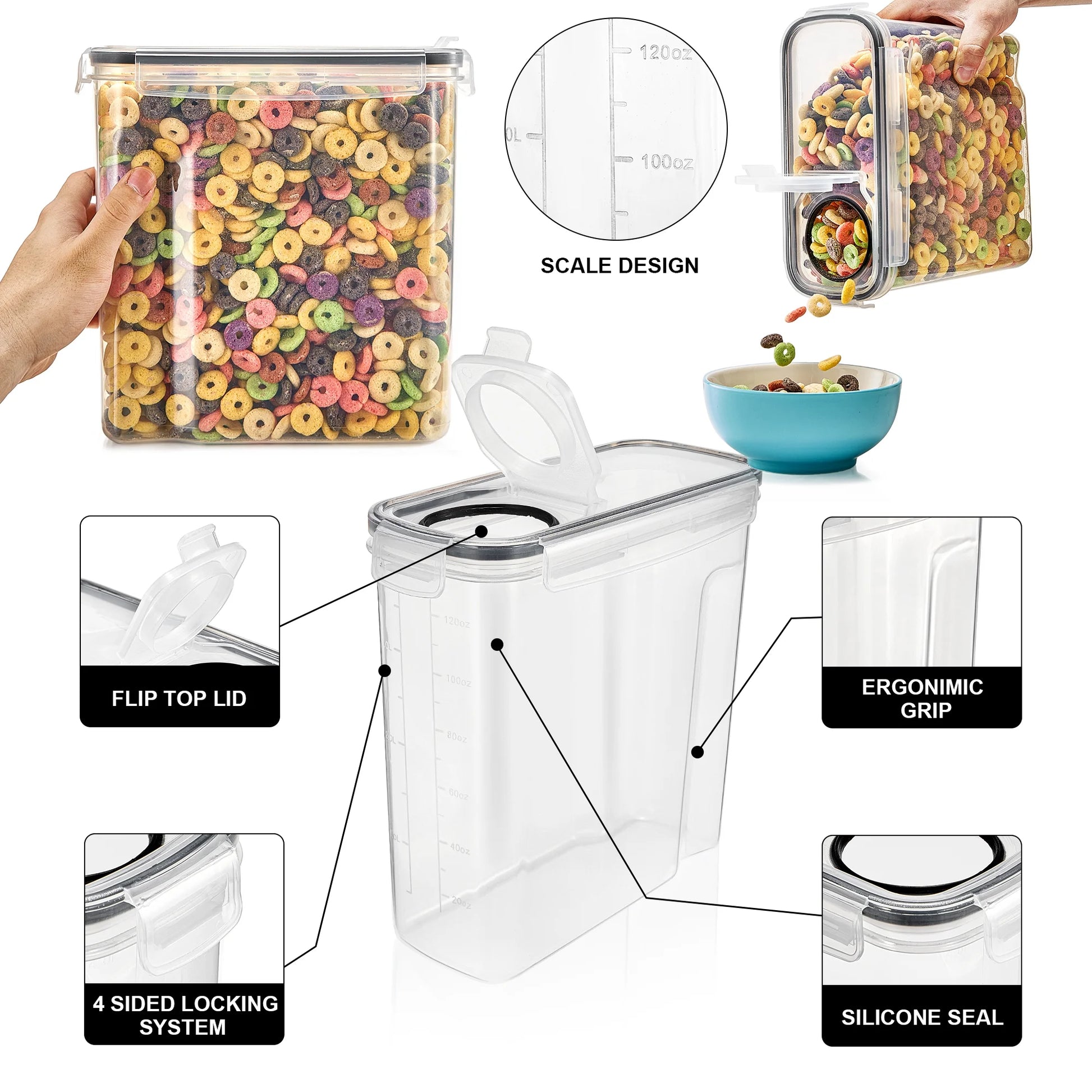 Clear Plastic Cereal Dispenser, 17 Cups, Airtight Lid Food Storage Containers with Pour Spout