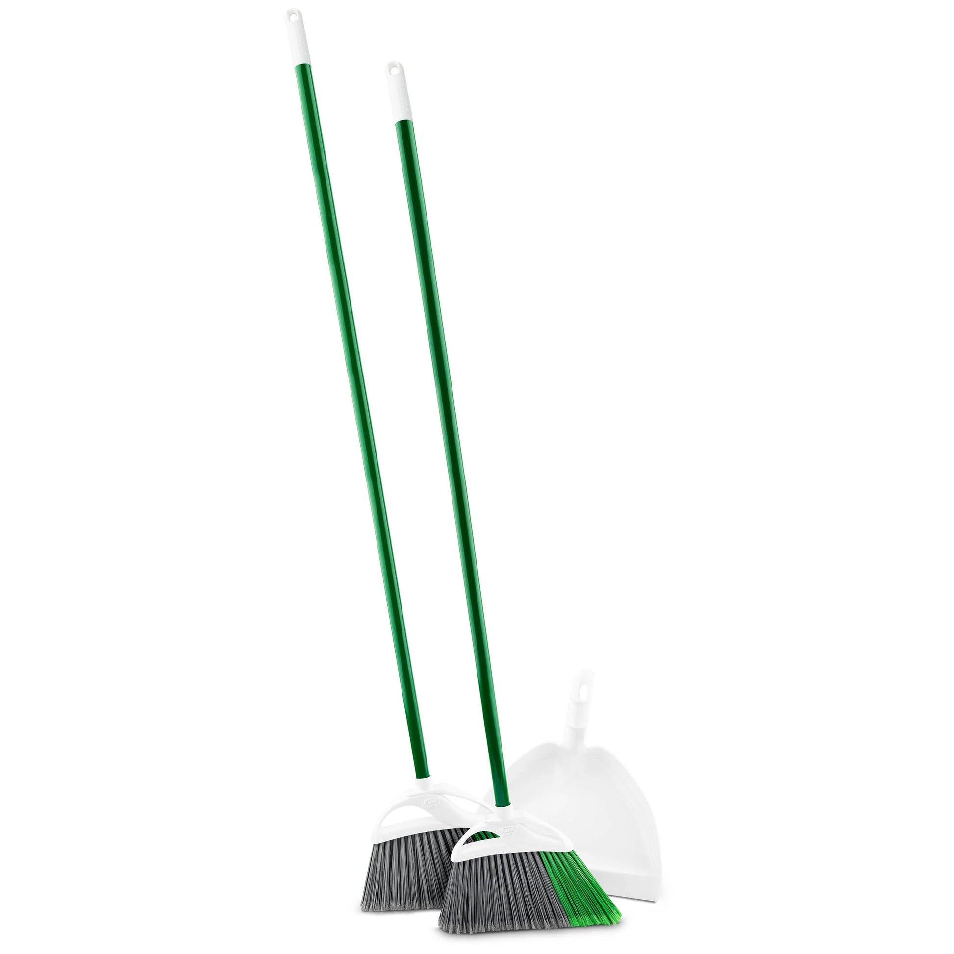 2Pk Precision Angle Brooms and Dust Pan Value Pack Green Steel Handle Dual Broom Fibers