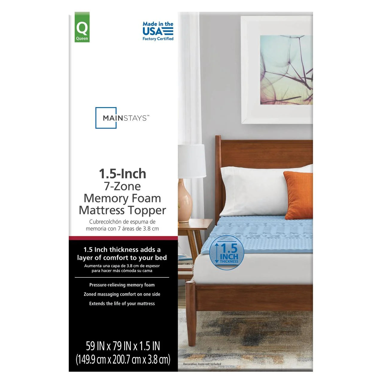 1.5” 7-Zone Reversible Memory Foam Mattress Topper, Queen