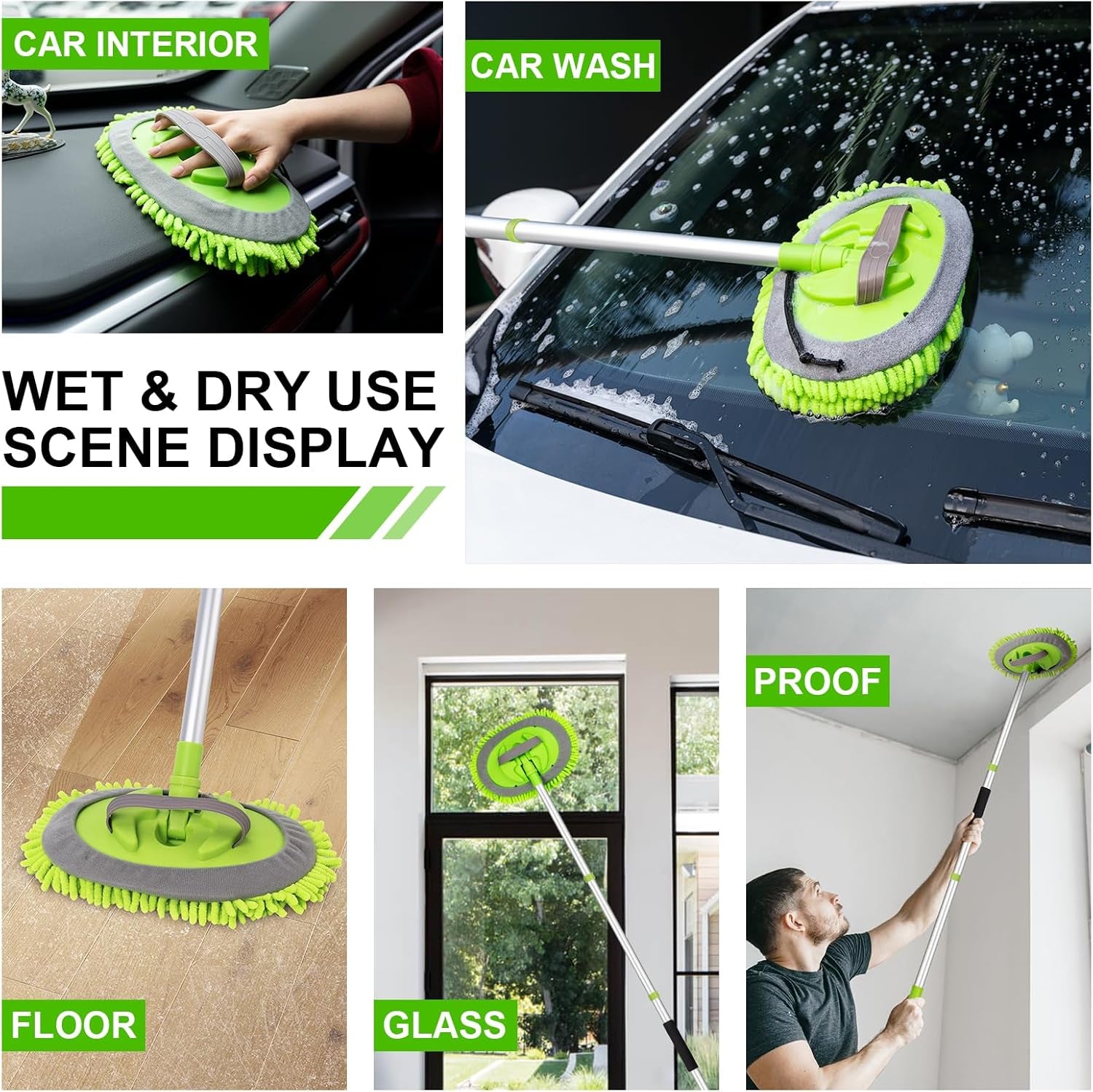 62" Car Wash Brush Kit Mitt Mop Sponge with Long Handle Chenille Microfiber Car Cleaning Brush Kit Supplies Car Washing Mop Kit Car Care Kit of Scratch-Free Replacement Head for Car RV Truck