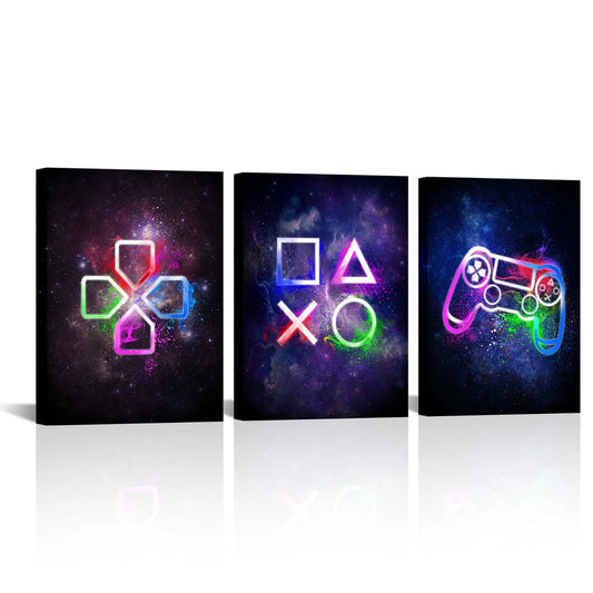Gamer Symbol Framed Canvas Wall Art Paintings Gaming Wall Decor Prints Pictures Posters Artwork Room Decor Decoration 12"X16"X3 Pieces
