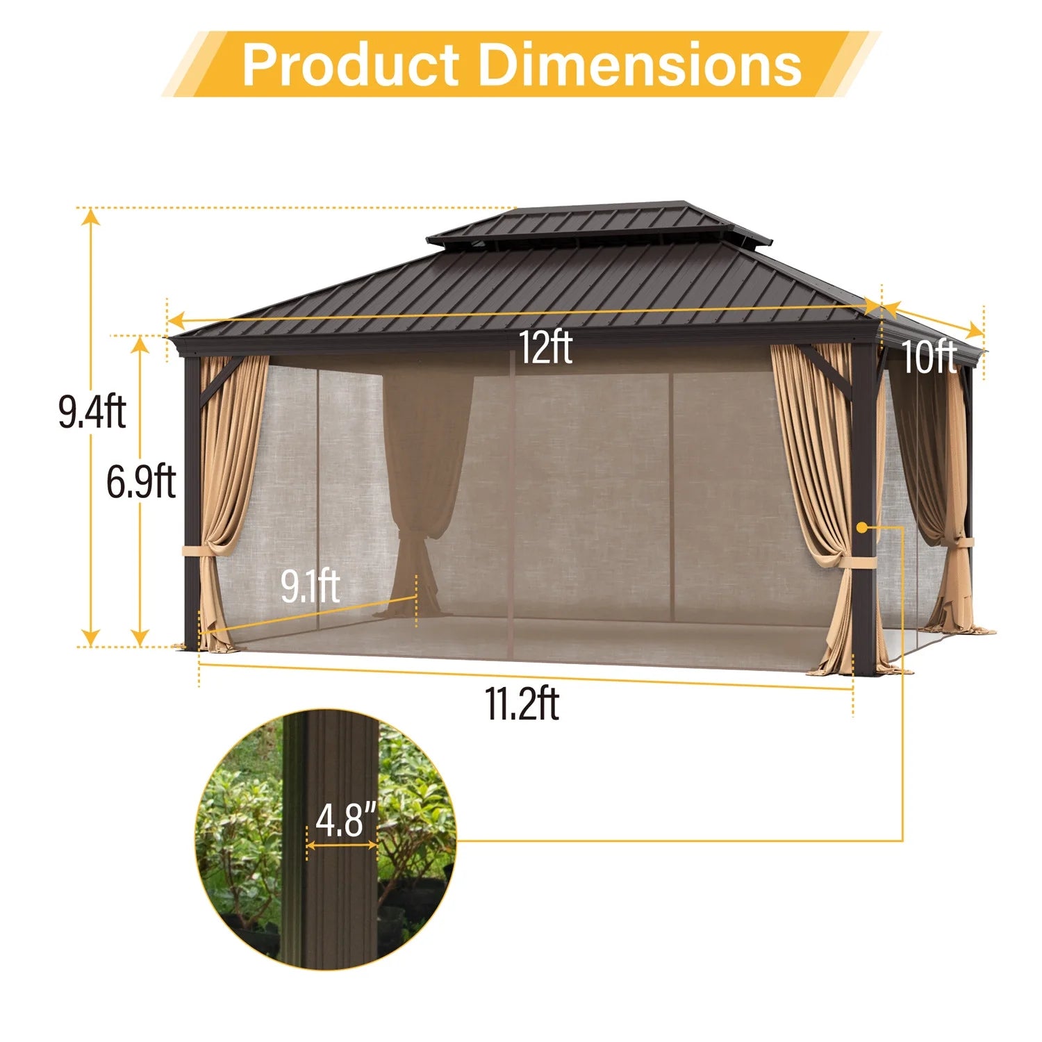 Summit Living 10' X 12' Outdoor Hardtop Gazebo Aluminum Frame Galvanized Steel Double Roof Patio Gazebo with Netting and Curtains Brown