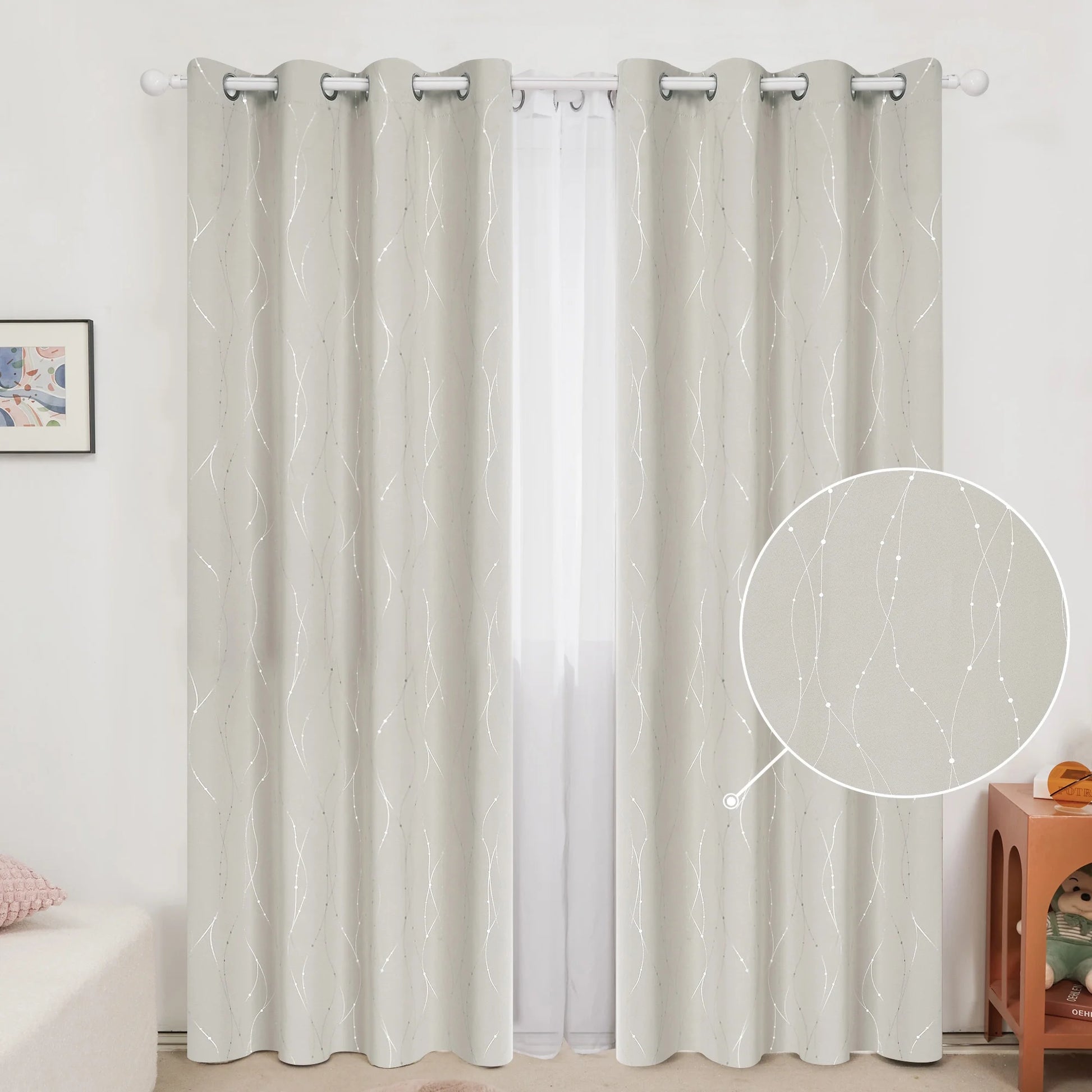 Silver Printed Blackout Curtains - 2 Panels, Wave Dots Pattern, Grommet Top, 52"X95", Thermal Insulated Drapes for Bedroom & Living Room, Gray