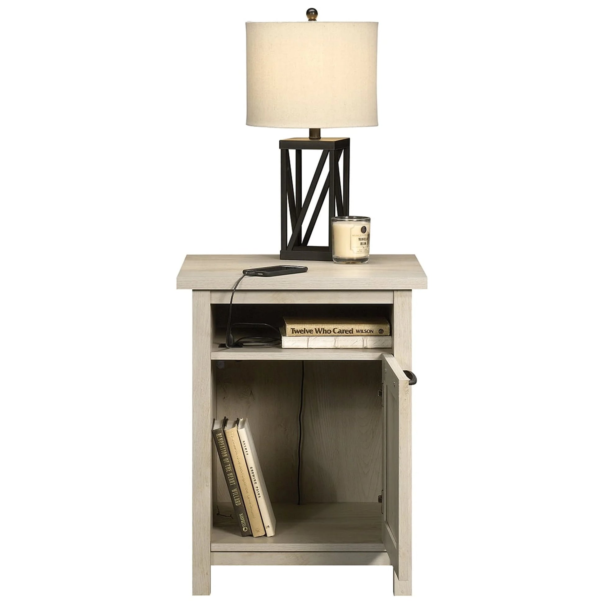Modern Farmhouse USB Nightstand, Rustic White Finish