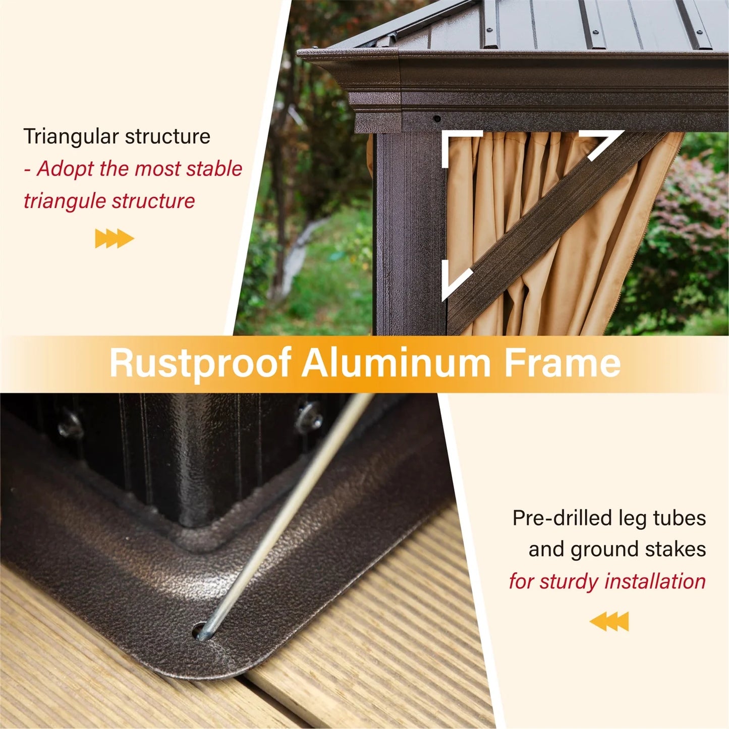 Summit Living 10' X 12' Outdoor Hardtop Gazebo Aluminum Frame Galvanized Steel Double Roof Patio Gazebo with Netting and Curtains Brown