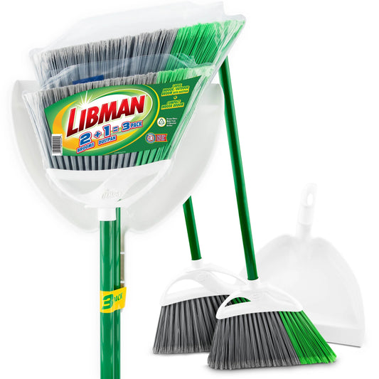2Pk Precision Angle Brooms and Dust Pan Value Pack Green Steel Handle Dual Broom Fibers