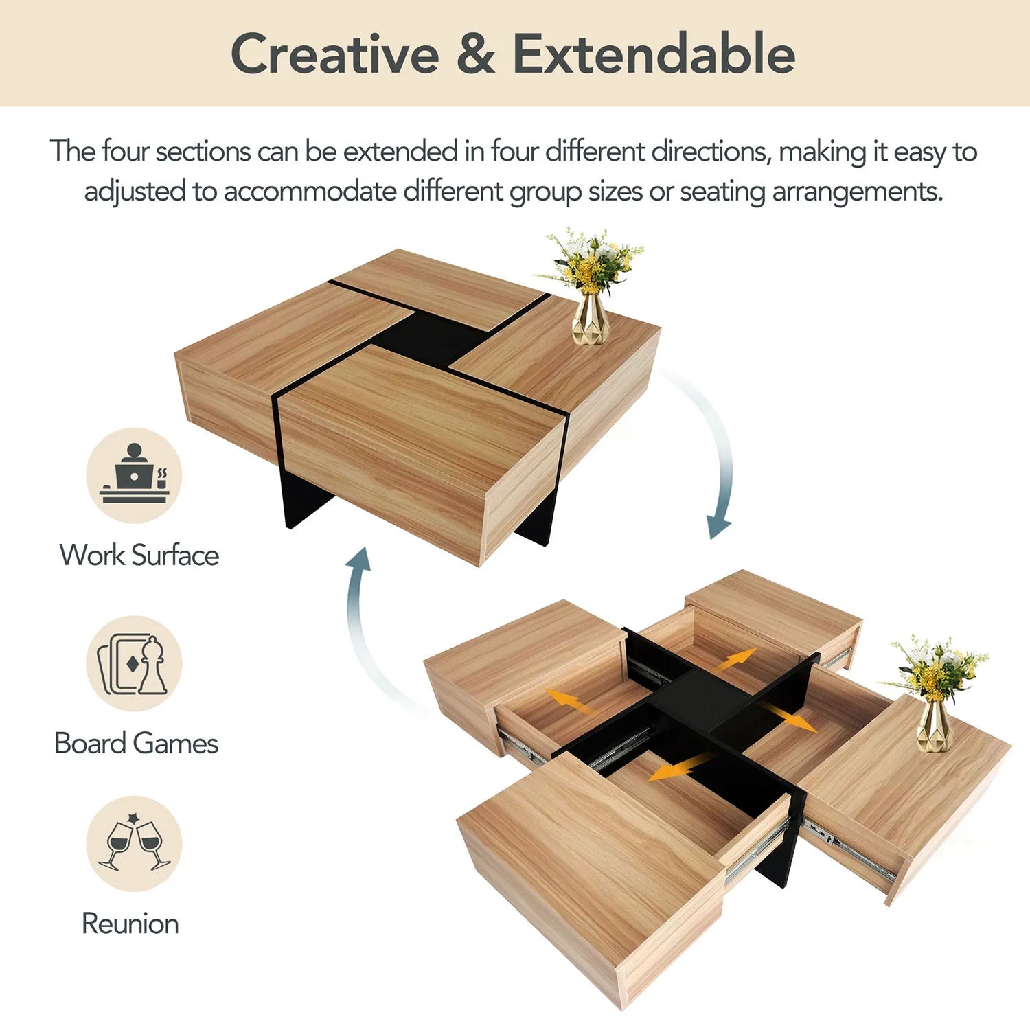 Unique Coffee Table, Side End Table with 4 Hidden Storage Compartments, Extendable Sliding Tabletop Accent Table for Living Room, Brown