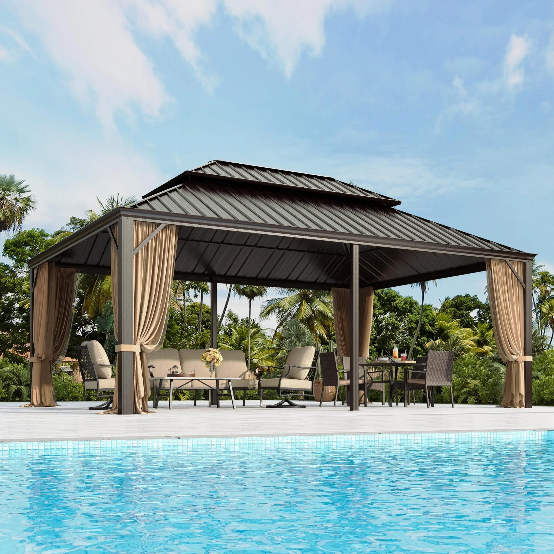 Summit Living 10' X 12' Outdoor Hardtop Gazebo Aluminum Frame Galvanized Steel Double Roof Patio Gazebo with Netting and Curtains Brown