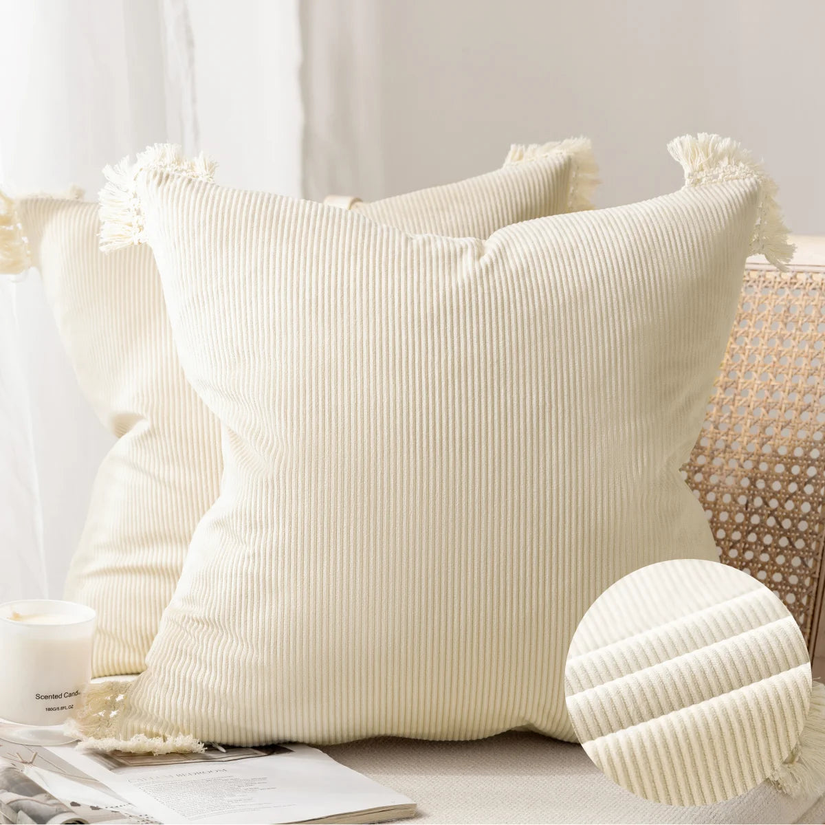 Soft Corduroy Velvet with Cotton Tassel Solid Square Cusion Accent Decorative Throw Pillow for Couch, 12" X 20", off White, 2 Pack