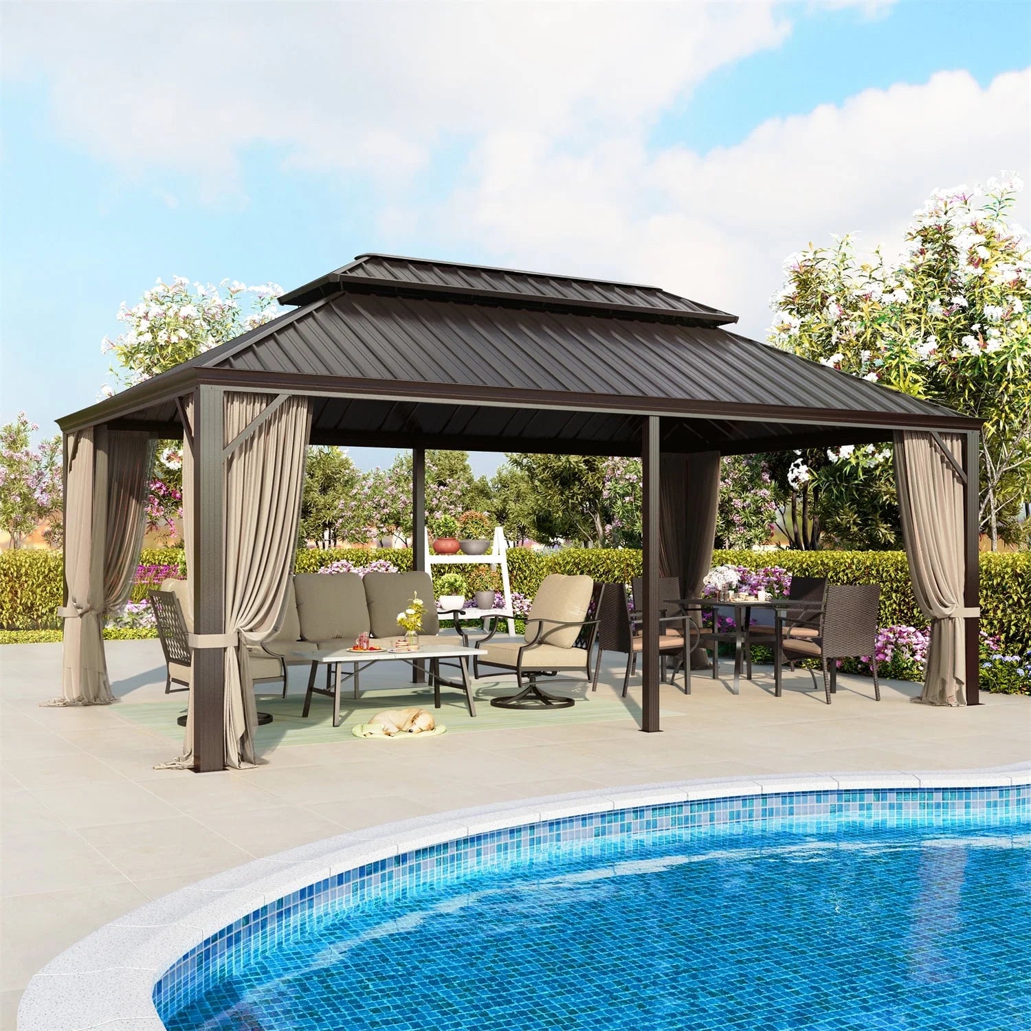 Summit Living 10' X 12' Outdoor Hardtop Gazebo Aluminum Frame Galvanized Steel Double Roof Patio Gazebo with Netting and Curtains Brown
