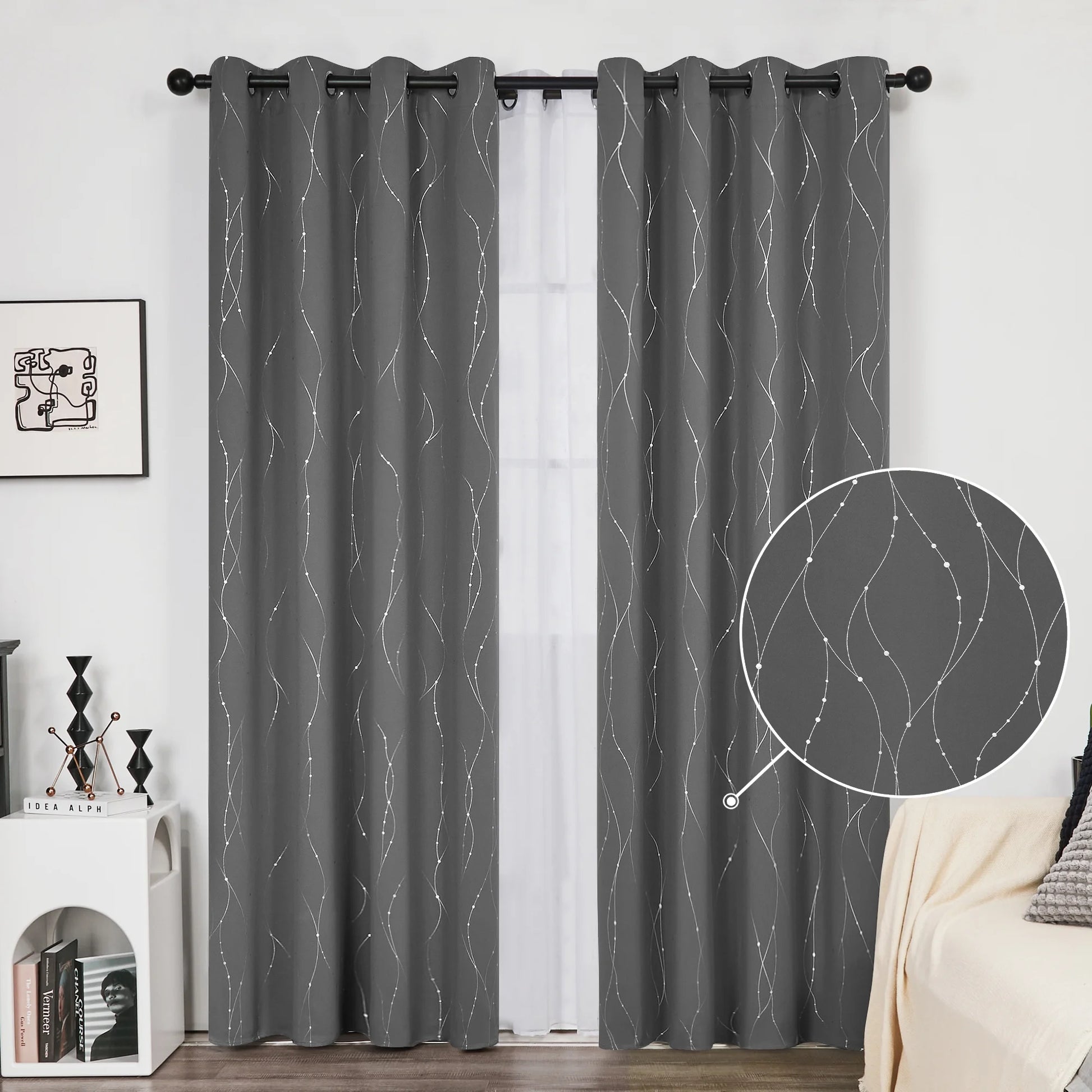 Silver Printed Blackout Curtains - 2 Panels, Wave Dots Pattern, Grommet Top, 52"X95", Thermal Insulated Drapes for Bedroom & Living Room, Gray