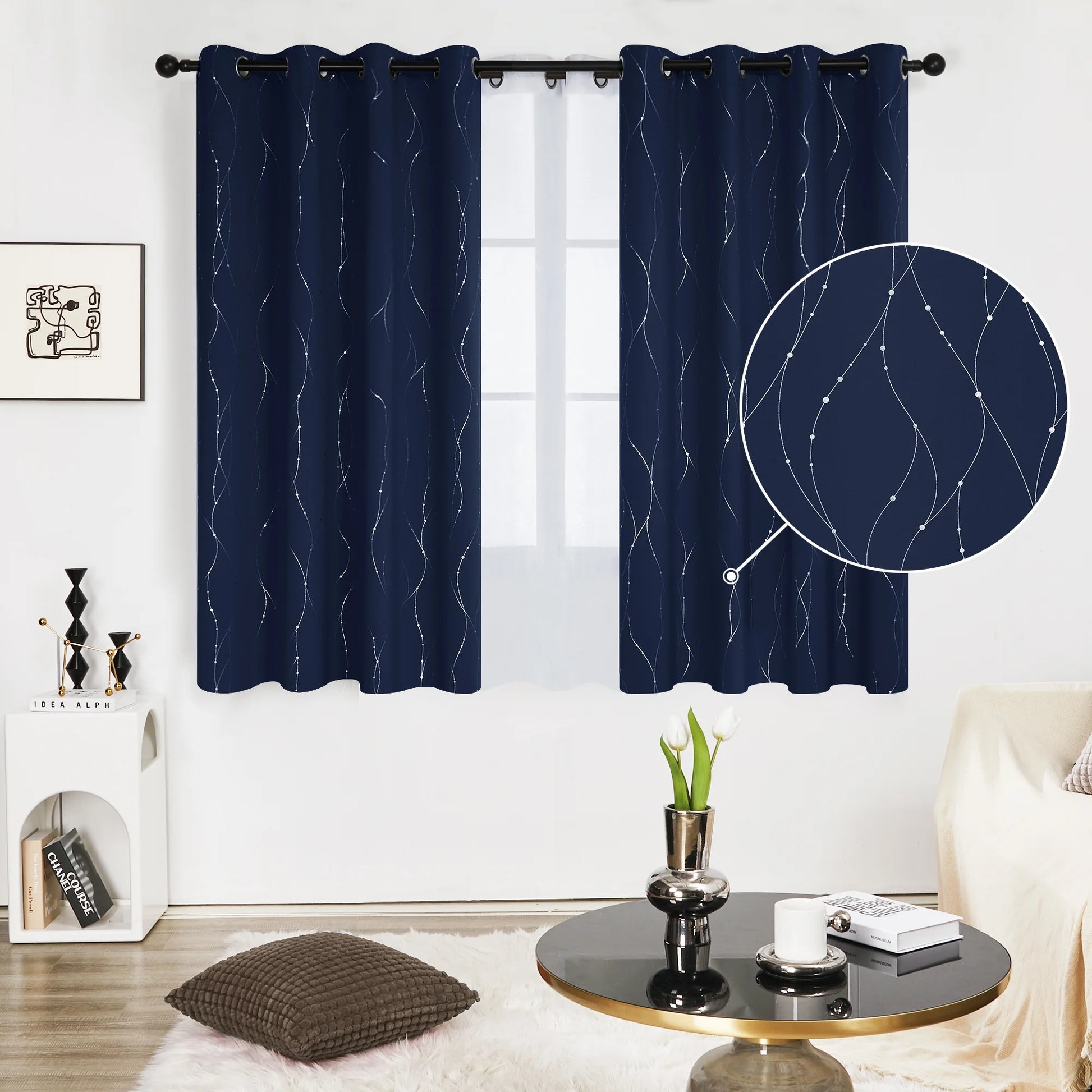 Silver Printed Blackout Curtains - 2 Panels, Wave Dots Pattern, Grommet Top, 52"X95", Thermal Insulated Drapes for Bedroom & Living Room, Gray