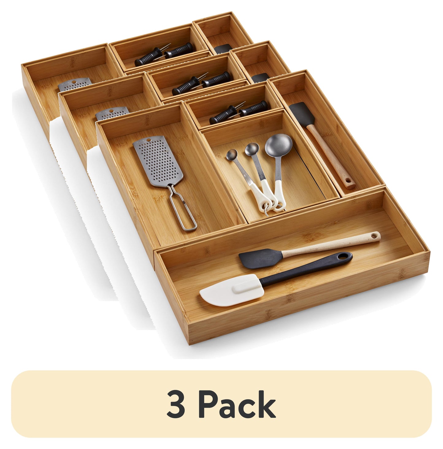 (3 Pack)  Bamboo Drawer Organizer 5Pc Set, 17.9Wx 14.96Dx1.97H In, Natural Bamboo Color