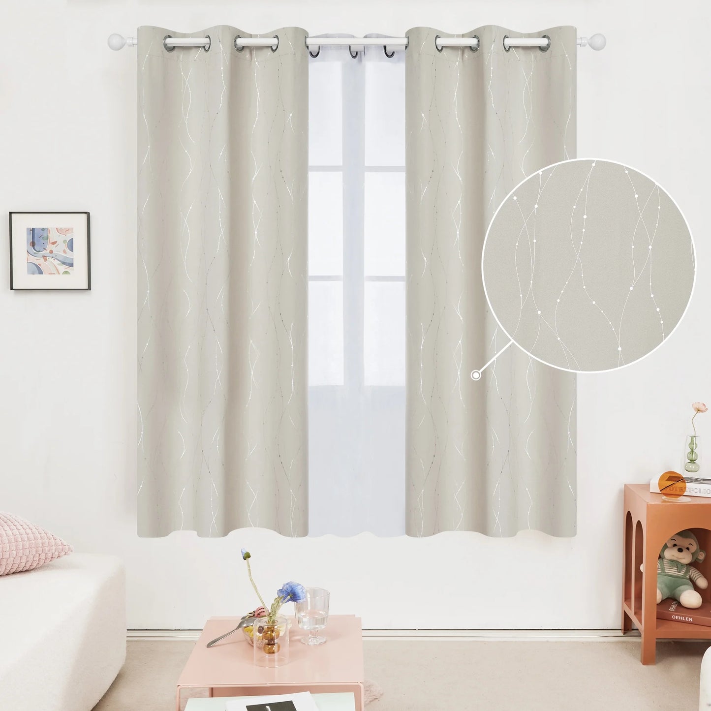 Silver Printed Blackout Curtains - 2 Panels, Wave Dots Pattern, Grommet Top, 52"X95", Thermal Insulated Drapes for Bedroom & Living Room, Gray