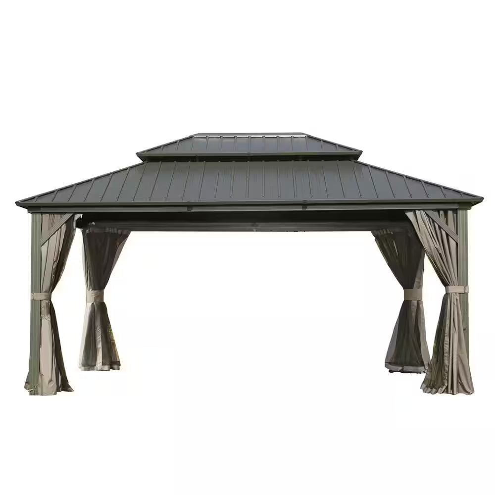 12 Ft. X 12 Ft. Wooden Coated Aluminum Frame Canopy with Galvanized Steel Double Roof with Curtains and Netting