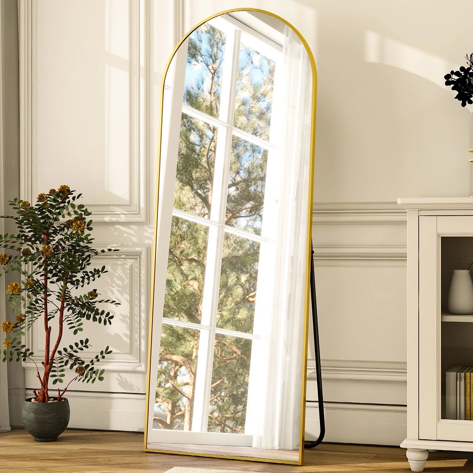 58"X18" Full Length Arch Top Mirror with Metal Frame Stand Wall Mounted, Black