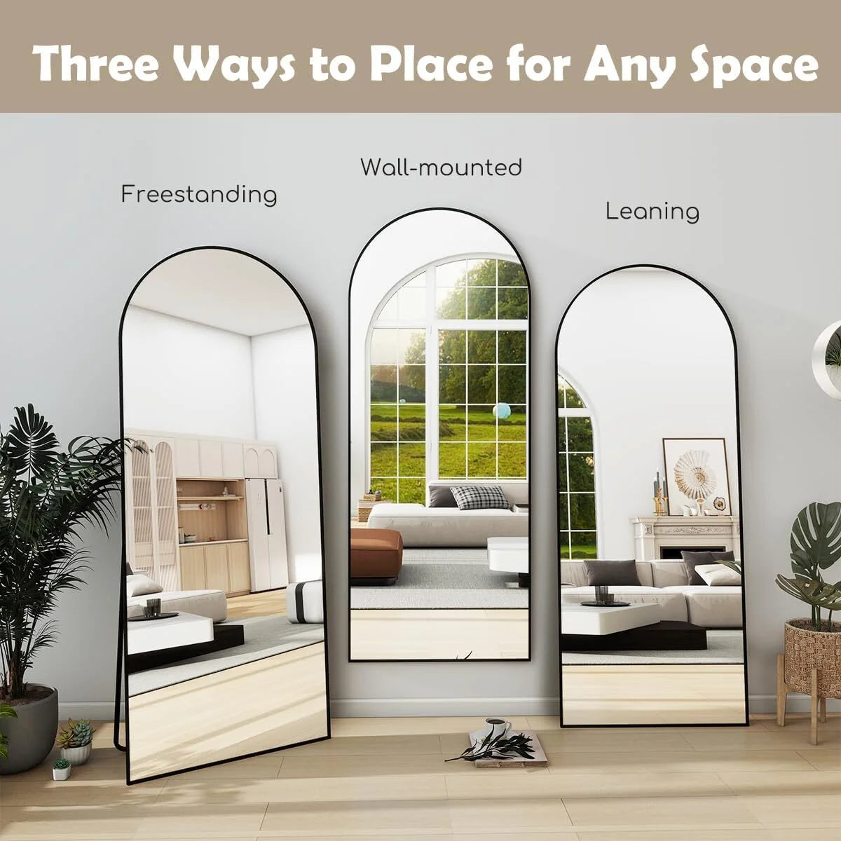 58"X18" Full Length Arch Top Mirror with Metal Frame Stand Wall Mounted, Black