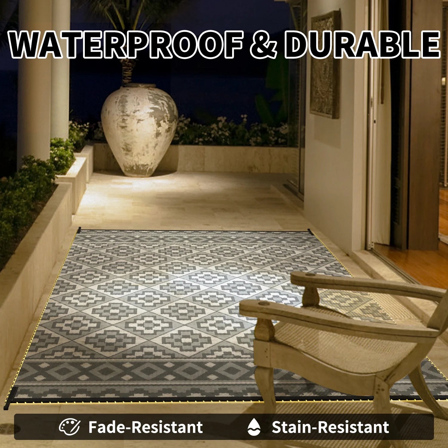 Outdoor Rug with LED Strip Lights 6'X9' Waterproof Reversible Patio Rug Foldable Plastic Straw Indoor Outdoor Rug for RV Camping Deck Balcony Porch Modern Boho Patio Decor Checkered Rug Grey