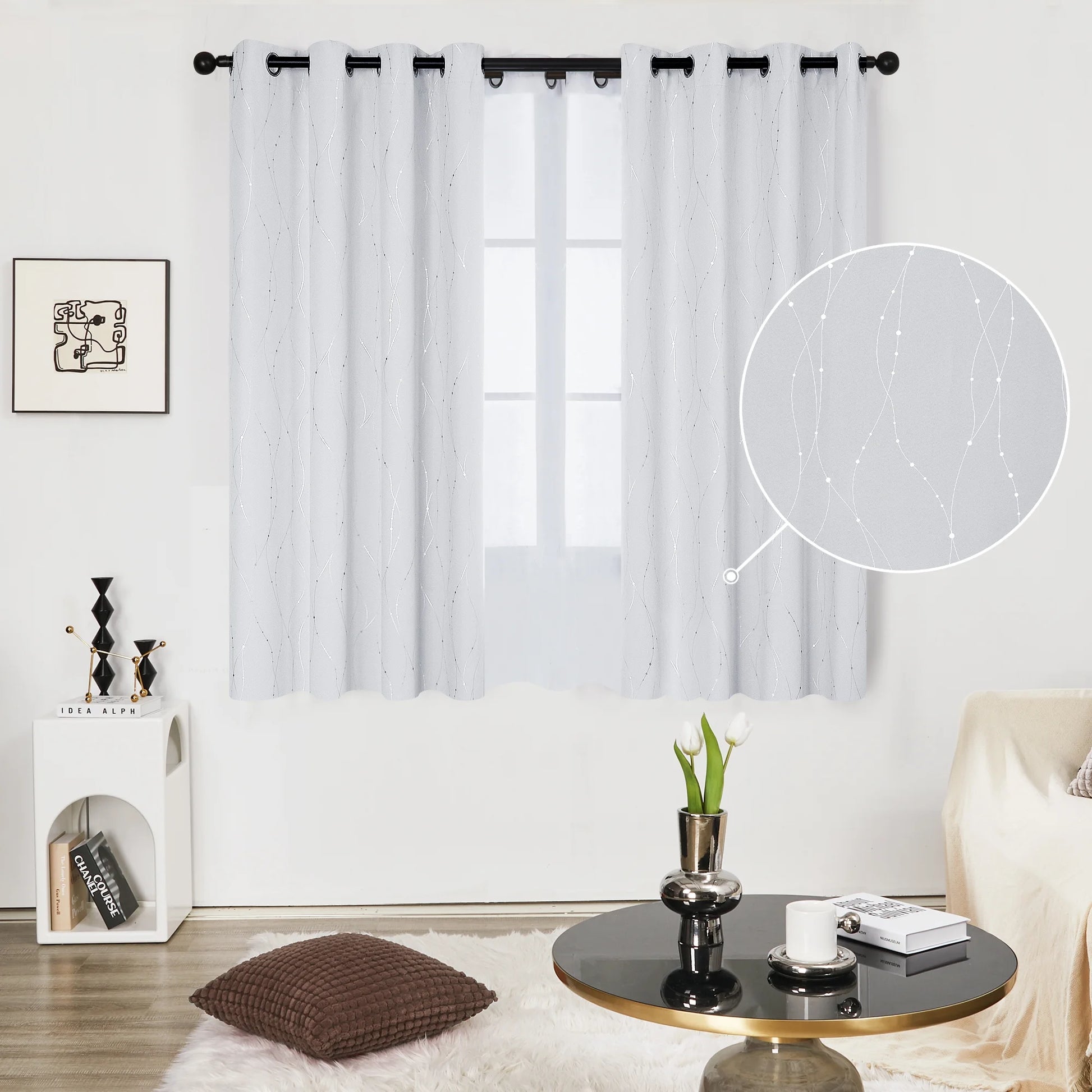 Silver Printed Blackout Curtains - 2 Panels, Wave Dots Pattern, Grommet Top, 52"X95", Thermal Insulated Drapes for Bedroom & Living Room, Gray