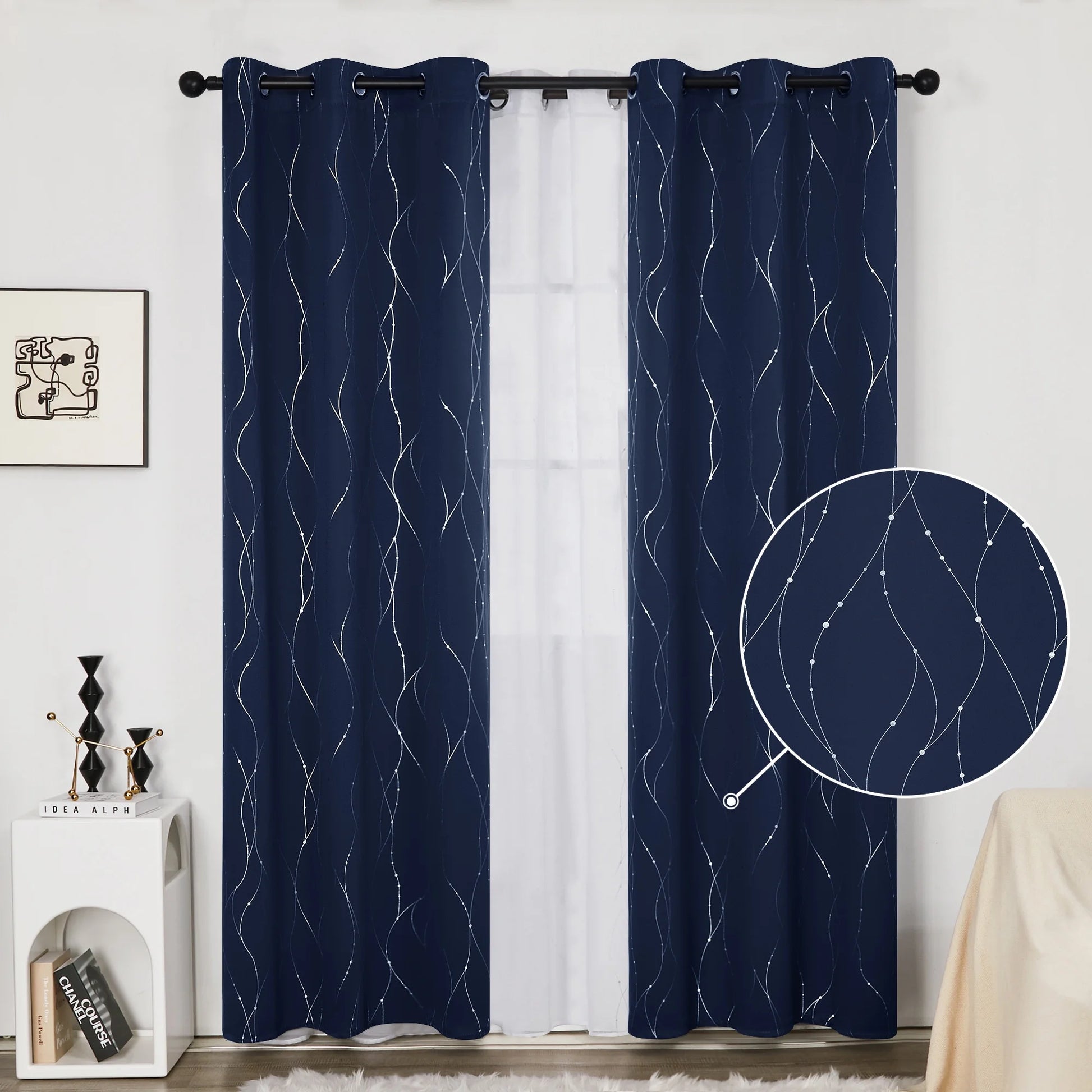 Silver Printed Blackout Curtains - 2 Panels, Wave Dots Pattern, Grommet Top, 52"X95", Thermal Insulated Drapes for Bedroom & Living Room, Gray