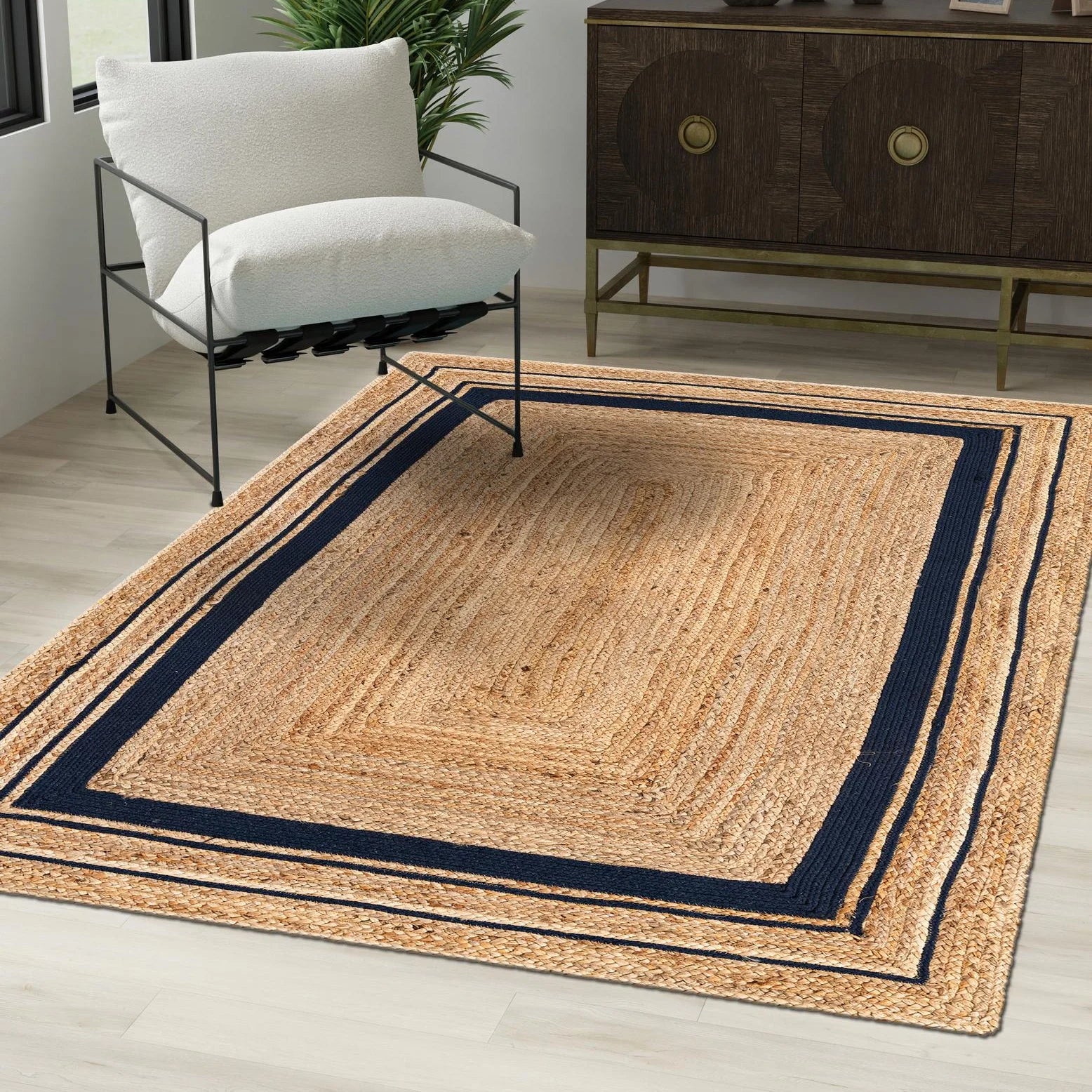 Braided Jute Collection Area Rug - Gujarat (8' round Natural and Navy Blue/Navy Blue)