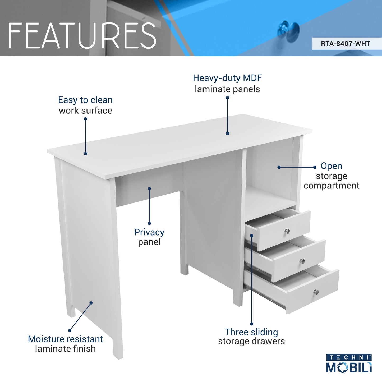 Contemporary 3-Drawer Computer Desk, White