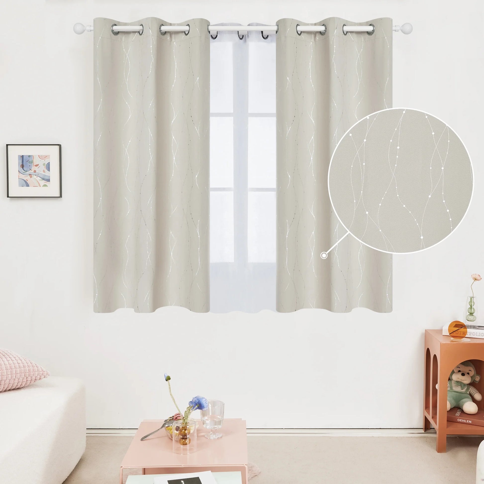 Silver Printed Blackout Curtains - 2 Panels, Wave Dots Pattern, Grommet Top, 52"X95", Thermal Insulated Drapes for Bedroom & Living Room, Gray