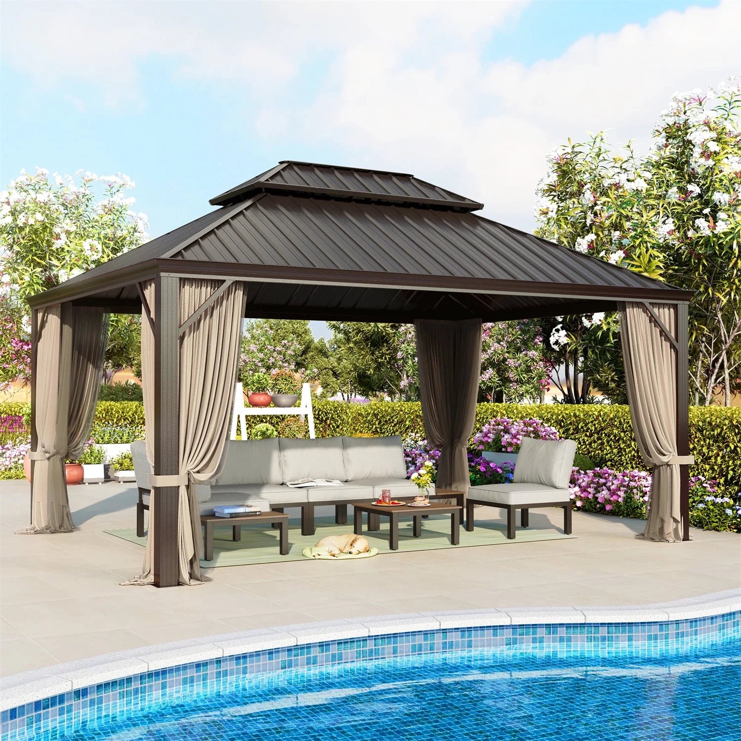 Summit Living 10' X 12' Outdoor Hardtop Gazebo Aluminum Frame Galvanized Steel Double Roof Patio Gazebo with Netting and Curtains Brown