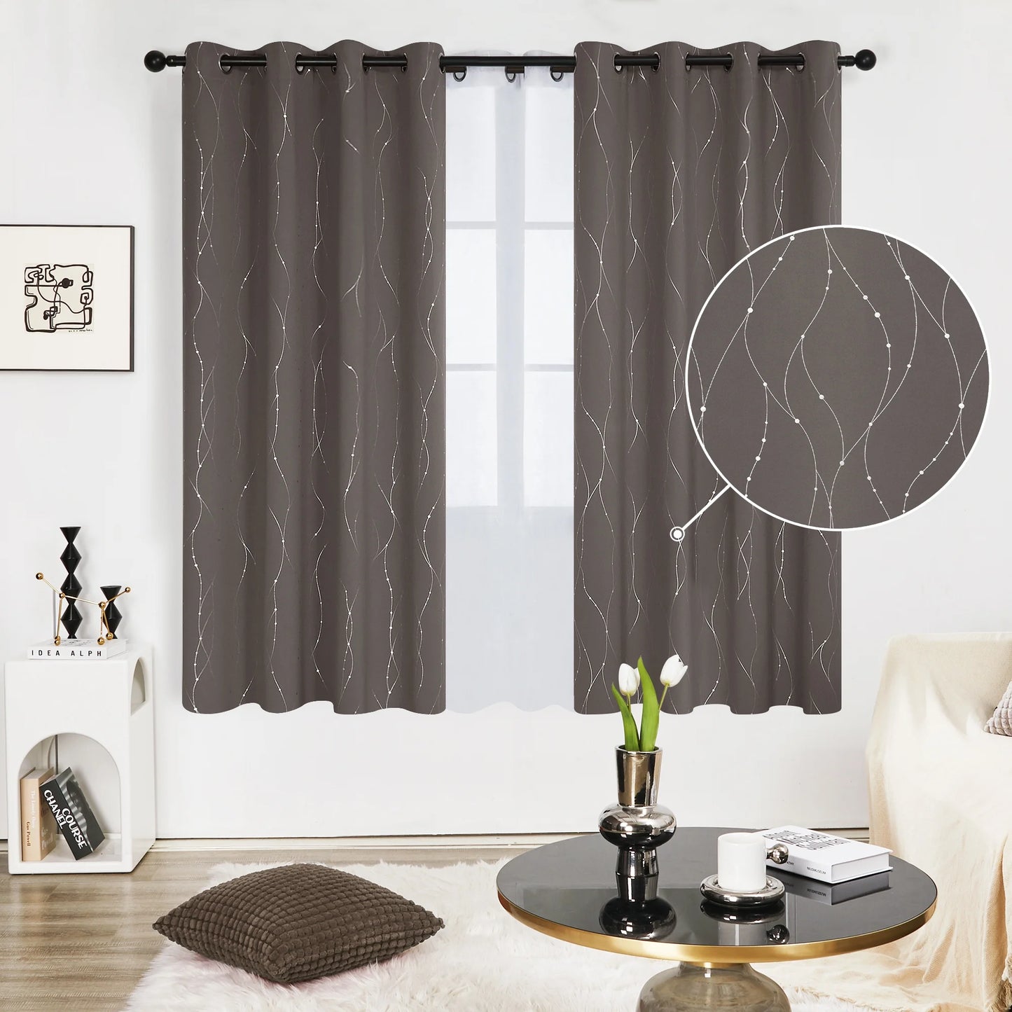 Silver Printed Blackout Curtains - 2 Panels, Wave Dots Pattern, Grommet Top, 52"X95", Thermal Insulated Drapes for Bedroom & Living Room, Gray
