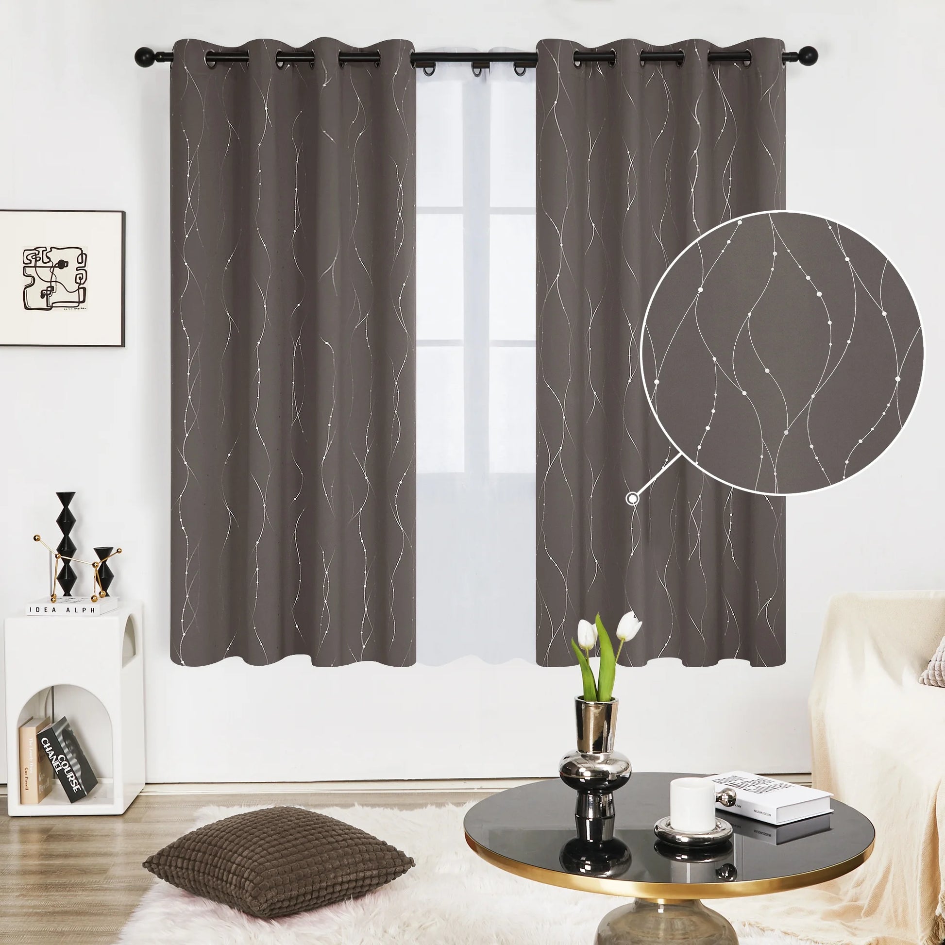 Silver Printed Blackout Curtains - 2 Panels, Wave Dots Pattern, Grommet Top, 52"X95", Thermal Insulated Drapes for Bedroom & Living Room, Gray