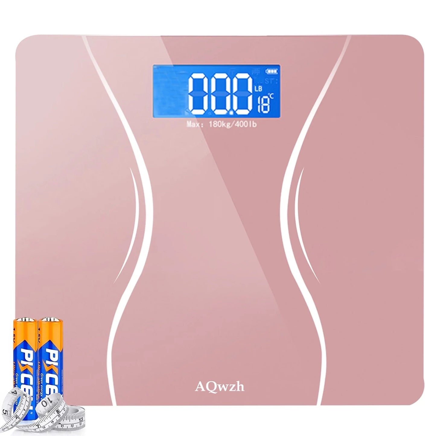 Bathroom Body Weight Scale with Step-On Technology, 396 Lbs, Body Tape Measure Included, Pink