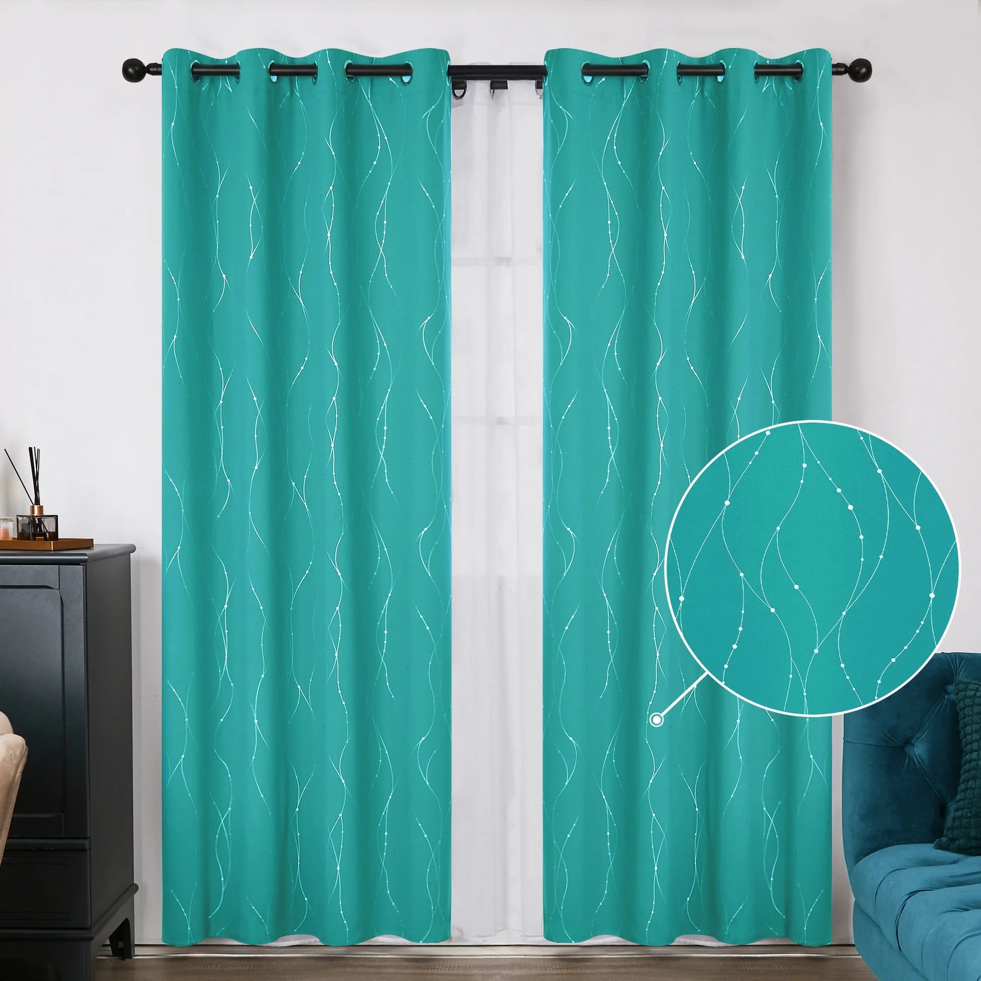 Silver Printed Blackout Curtains - 2 Panels, Wave Dots Pattern, Grommet Top, 52"X95", Thermal Insulated Drapes for Bedroom & Living Room, Gray