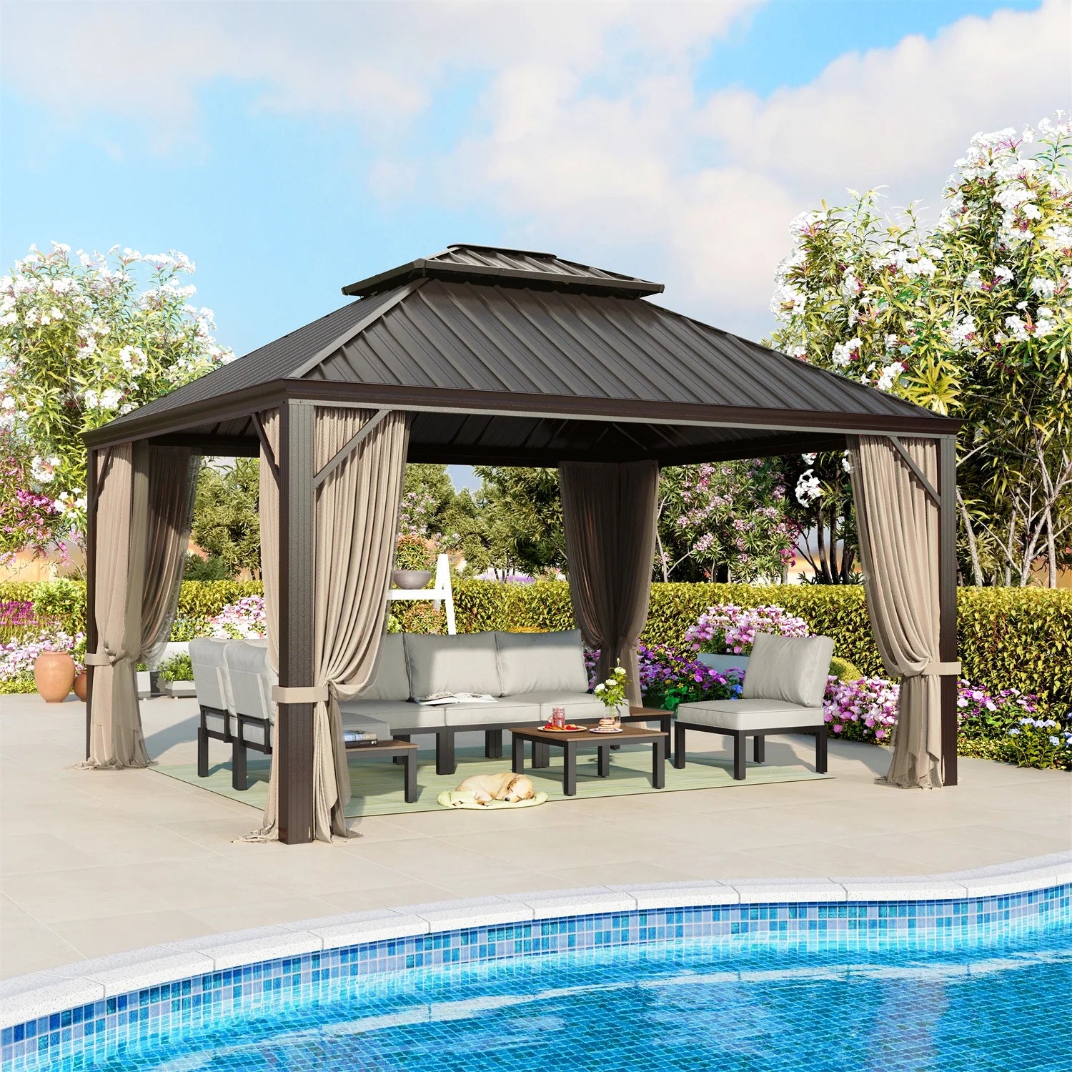 Summit Living 10' X 12' Outdoor Hardtop Gazebo Aluminum Frame Galvanized Steel Double Roof Patio Gazebo with Netting and Curtains Brown