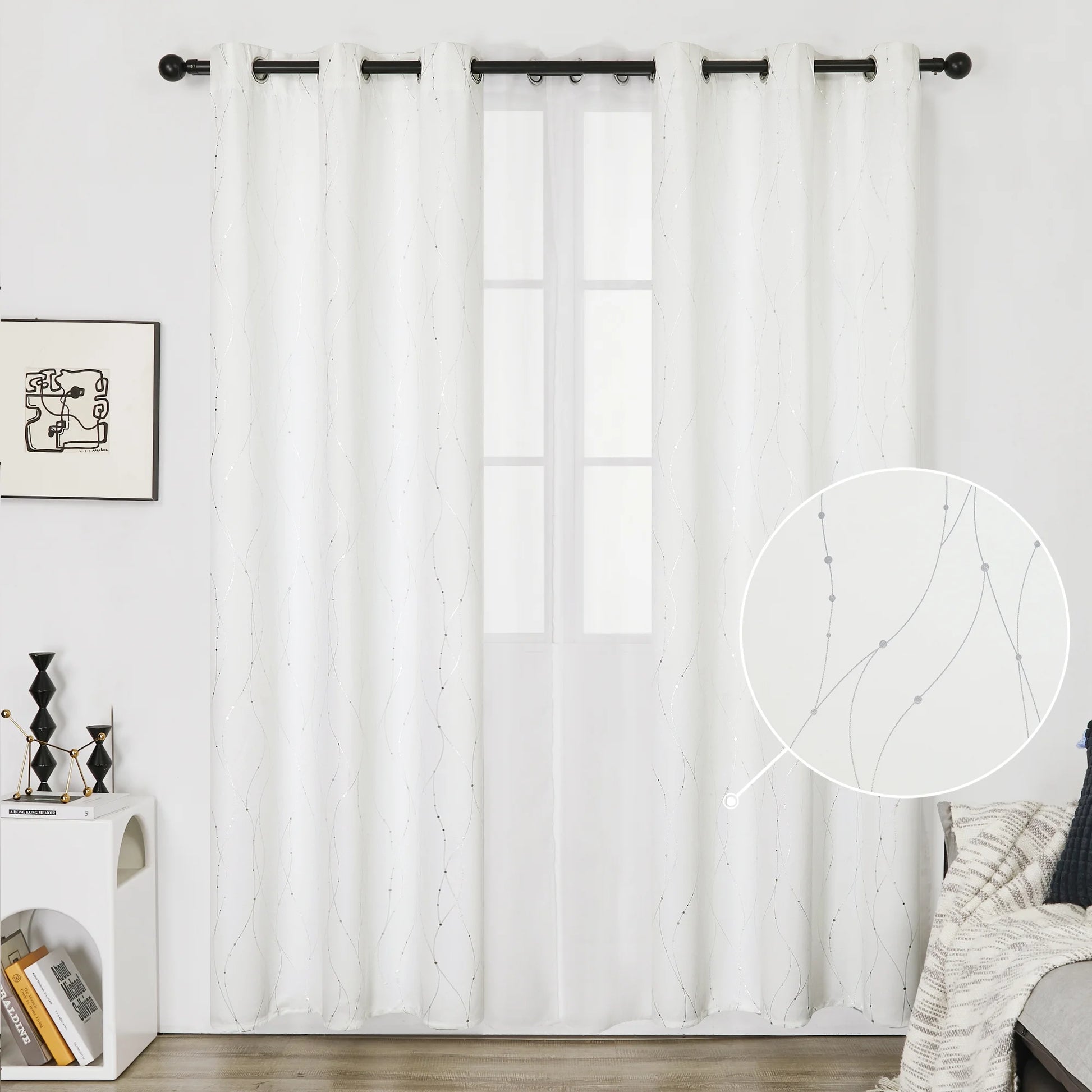 Silver Printed Blackout Curtains - 2 Panels, Wave Dots Pattern, Grommet Top, 52"X95", Thermal Insulated Drapes for Bedroom & Living Room, Gray