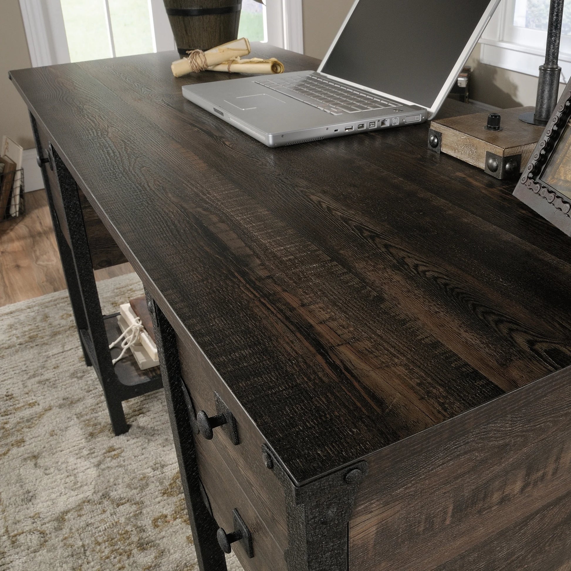 Steel River Pedestal Desk, Carbon Oak Finish