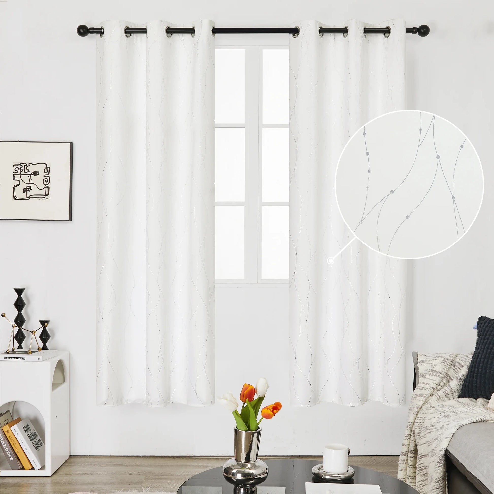 Silver Printed Blackout Curtains - 2 Panels, Wave Dots Pattern, Grommet Top, 52"X95", Thermal Insulated Drapes for Bedroom & Living Room, Gray