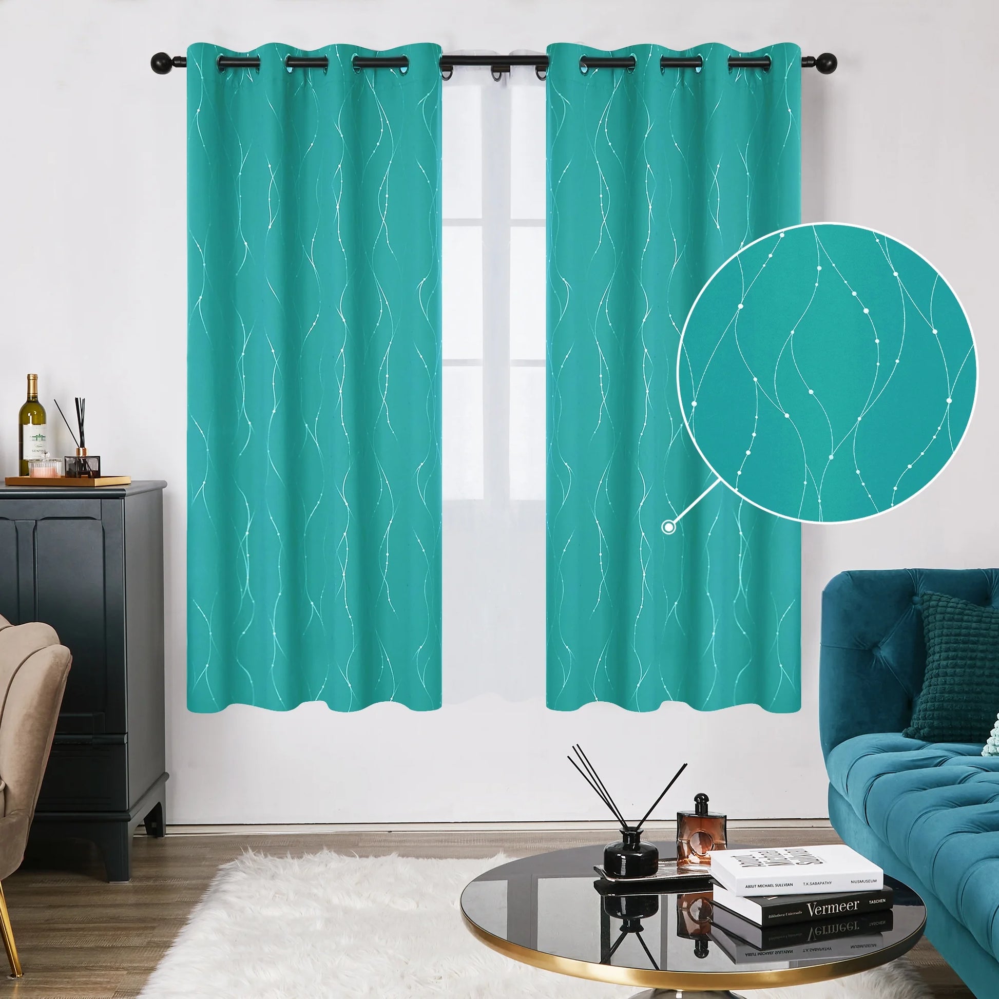 Silver Printed Blackout Curtains - 2 Panels, Wave Dots Pattern, Grommet Top, 52"X95", Thermal Insulated Drapes for Bedroom & Living Room, Gray