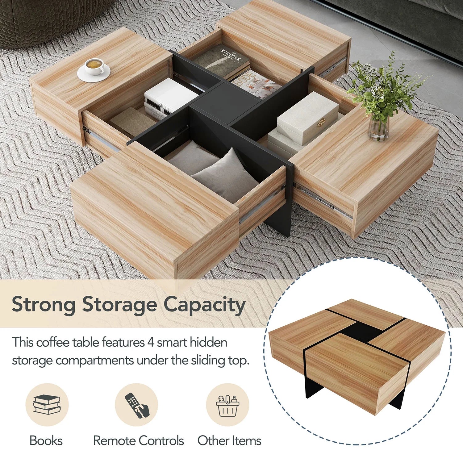 Unique Coffee Table, Side End Table with 4 Hidden Storage Compartments, Extendable Sliding Tabletop Accent Table for Living Room, Brown
