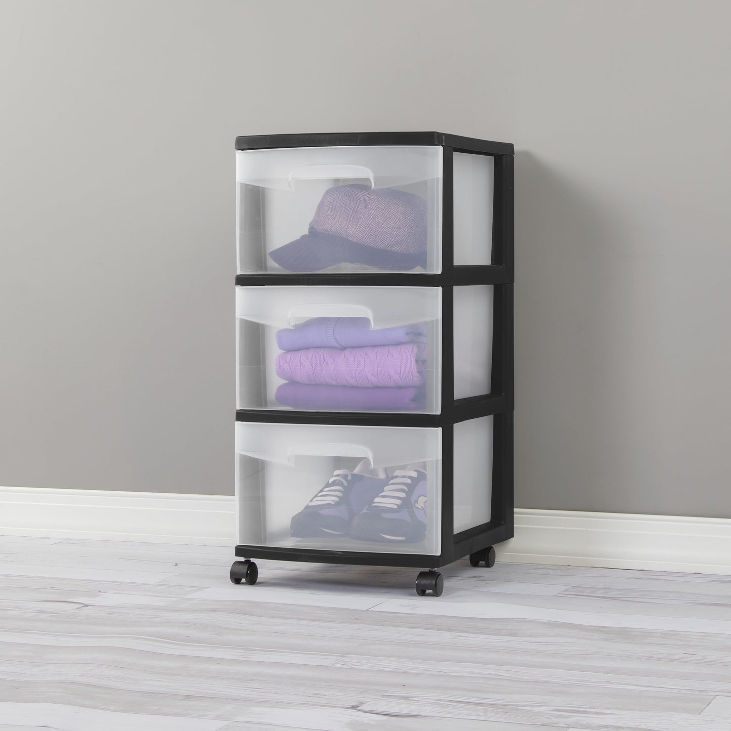 Storage Drawer, 3 Drawer Slim Plastic Storage Cart with Clear Pull Out Drawers, Black