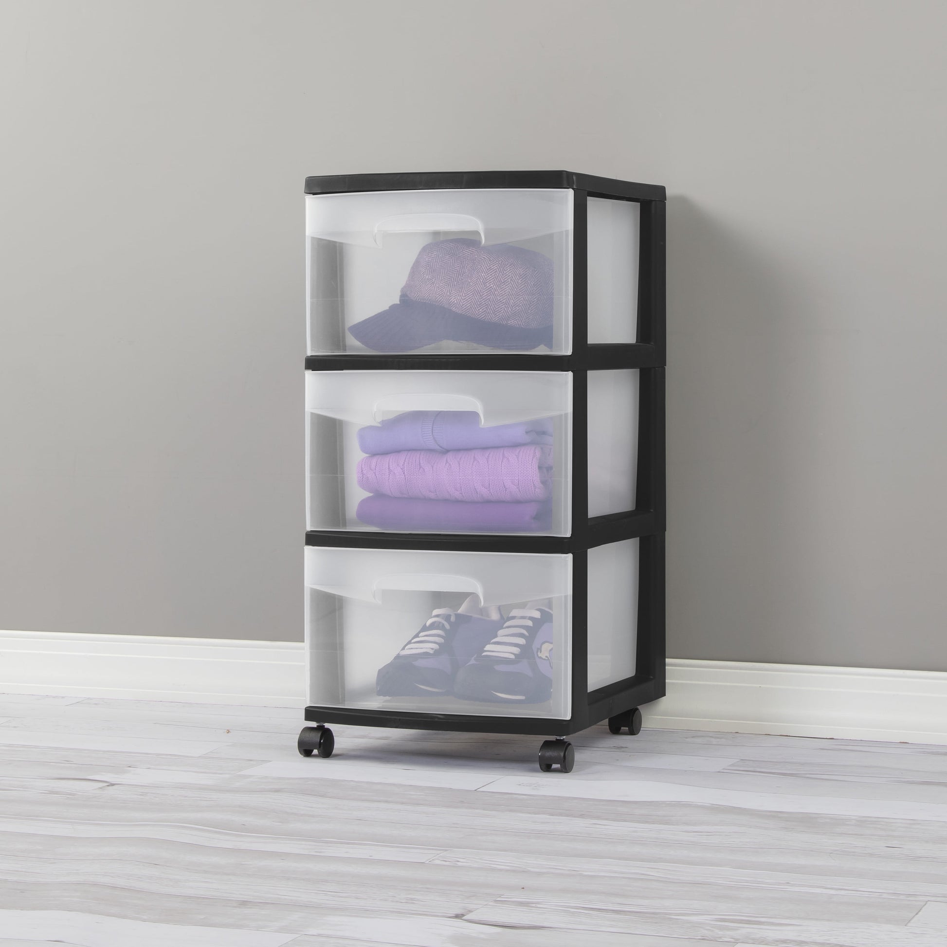 Storage Drawer, 3 Drawer Slim Plastic Storage Cart with Clear Pull Out Drawers, Black