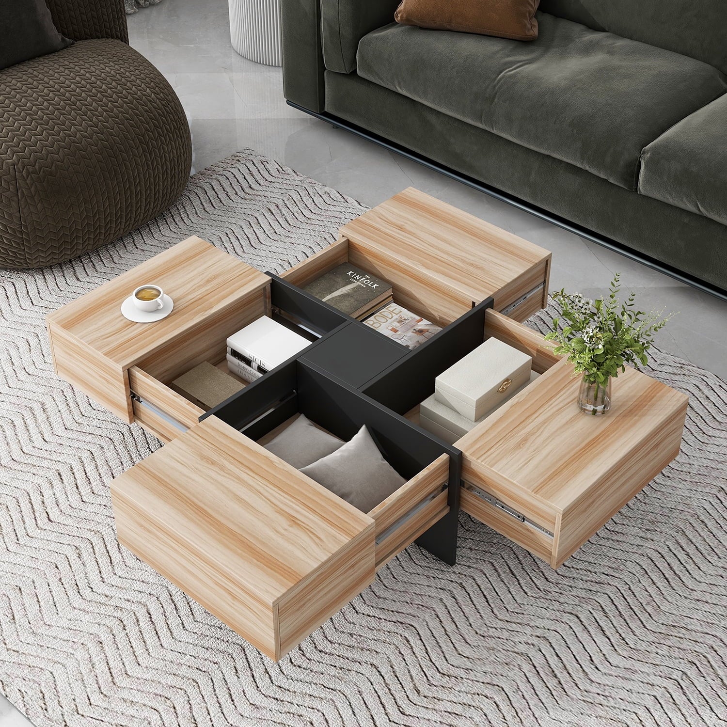 Unique Coffee Table, Side End Table with 4 Hidden Storage Compartments, Extendable Sliding Tabletop Accent Table for Living Room, Brown