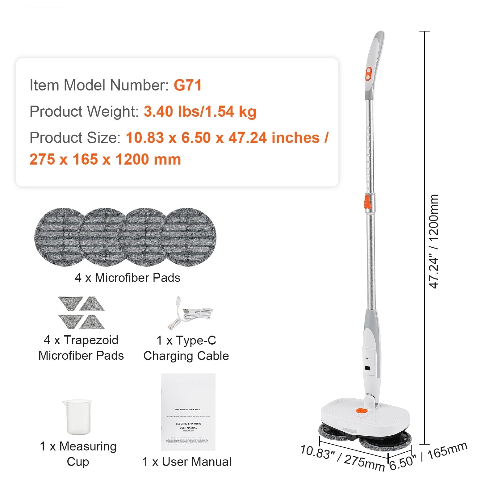 Cordless Electric Mop Electric Spin Mop with LED Headlight and Water Spray