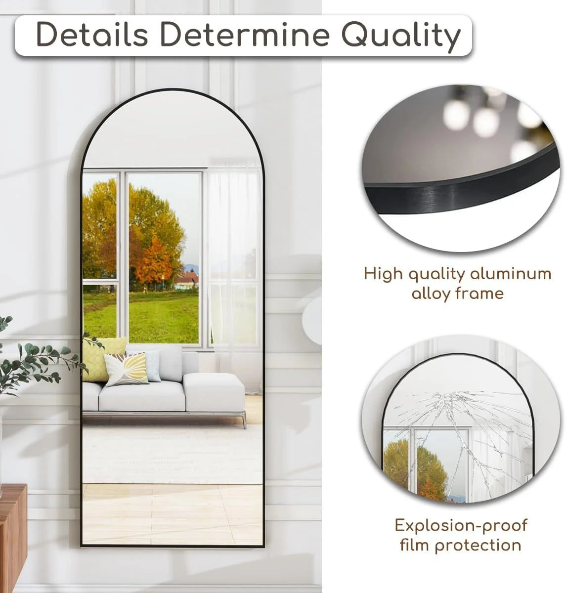 58"X18" Full Length Arch Top Mirror with Metal Frame Stand Wall Mounted, Black