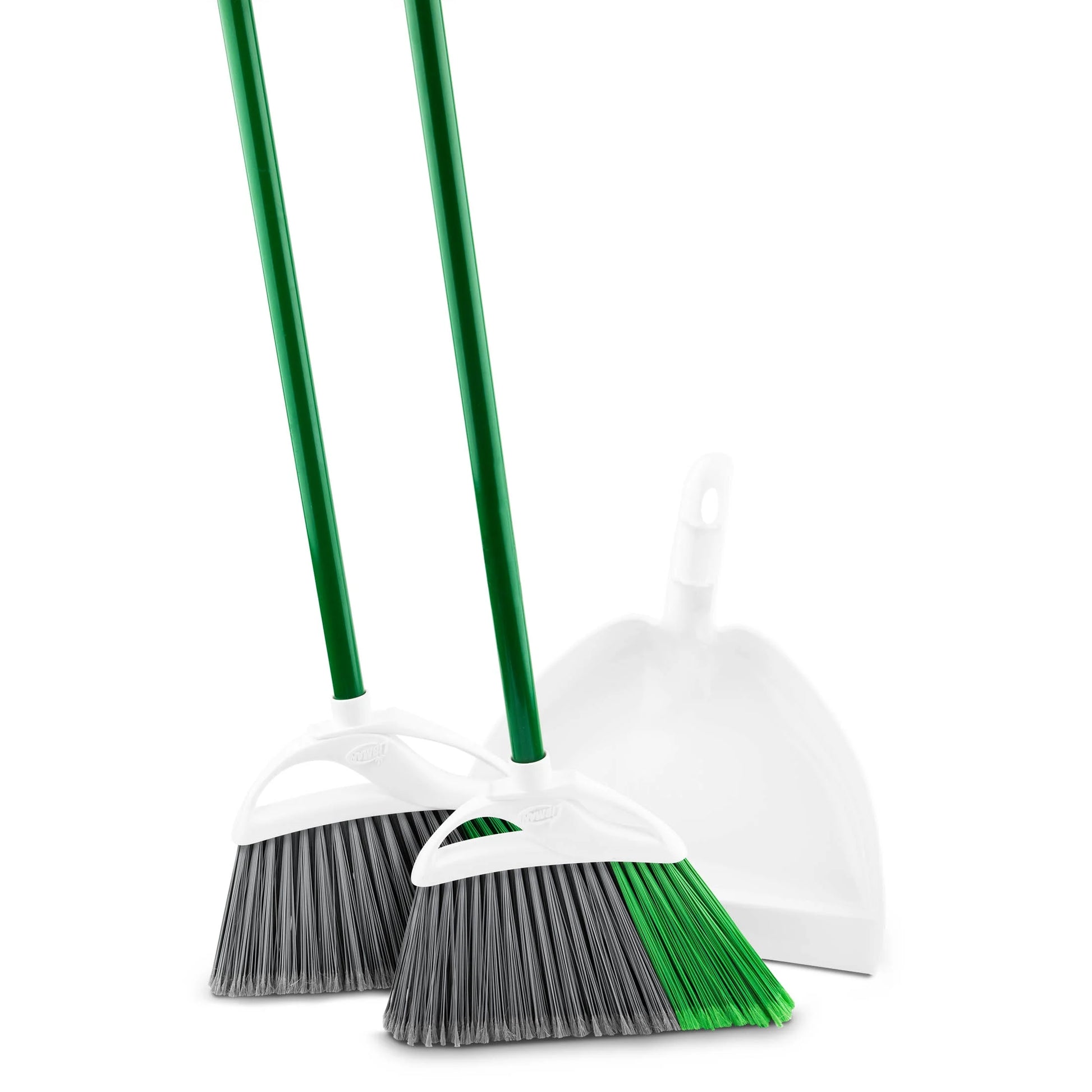 2Pk Precision Angle Brooms and Dust Pan Value Pack Green Steel Handle Dual Broom Fibers