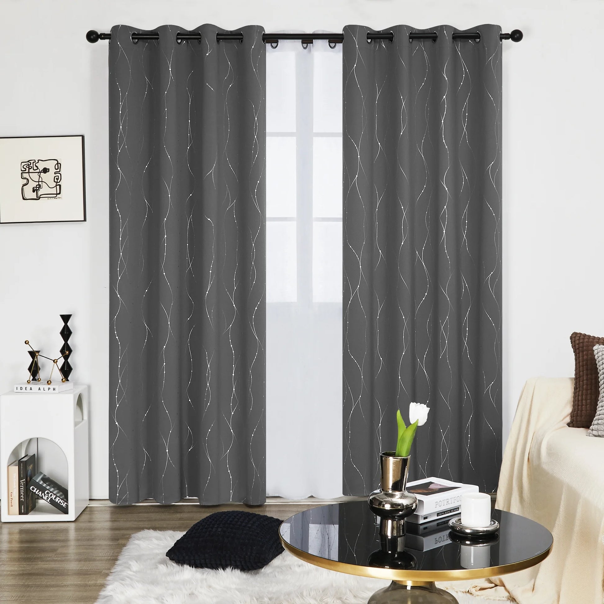 Silver Printed Blackout Curtains - 2 Panels, Wave Dots Pattern, Grommet Top, 52"X95", Thermal Insulated Drapes for Bedroom & Living Room, Gray