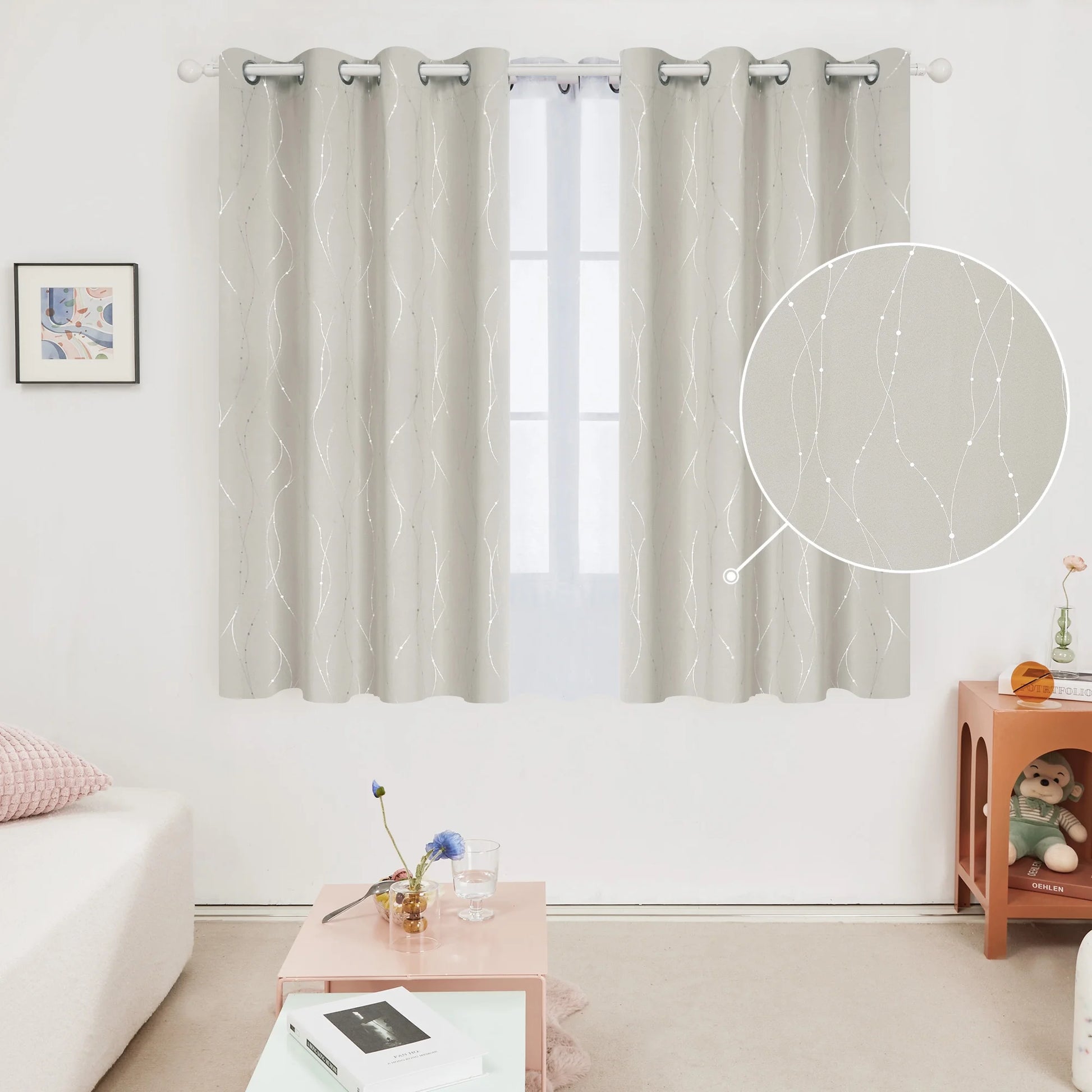 Silver Printed Blackout Curtains - 2 Panels, Wave Dots Pattern, Grommet Top, 52"X95", Thermal Insulated Drapes for Bedroom & Living Room, Gray