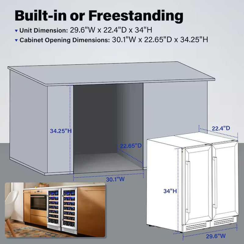 30-In W 66 -Bottles Stainless Steel Dual Zone Cooling Built-In/Freestanding Indoor Wine Cooler