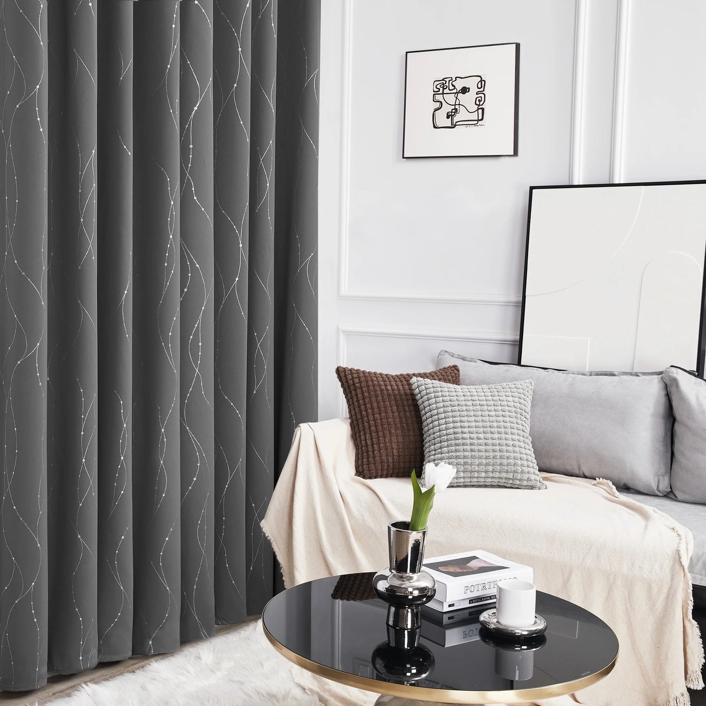 Silver Printed Blackout Curtains - 2 Panels, Wave Dots Pattern, Grommet Top, 52"X95", Thermal Insulated Drapes for Bedroom & Living Room, Gray